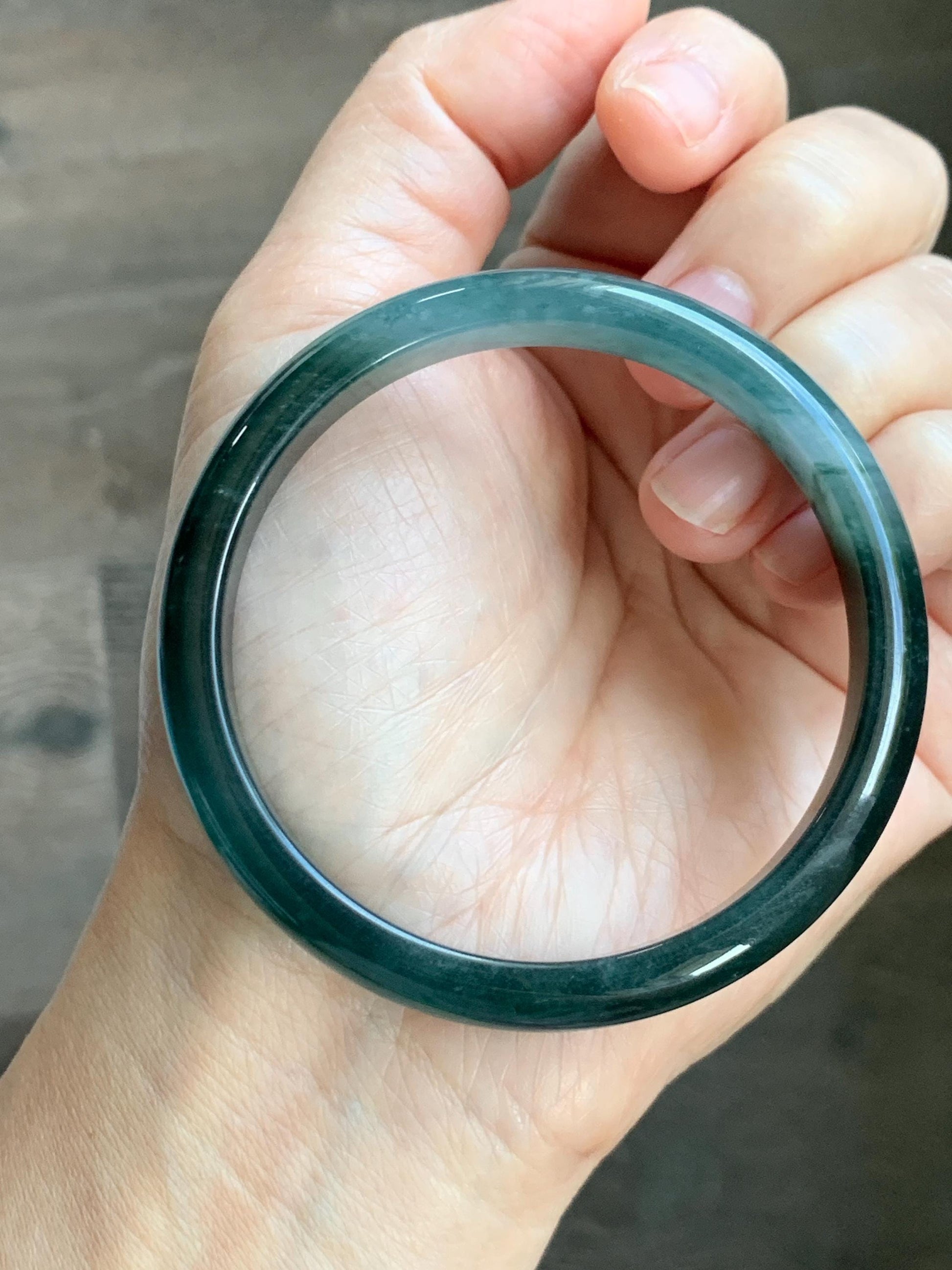 Certified Natural Grade A Guatemalan Icy Translucent Dark Teal Green Jade Jadeite Wide Bangle 56.63mm 7” 32g 天然冰危深蓝绿翡翠正圈宽版手镯 1189