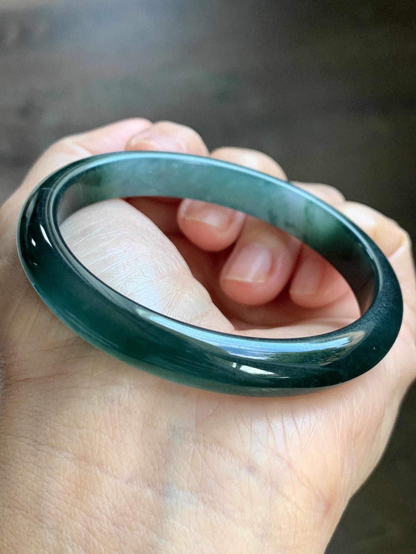Certified Natural Grade A Guatemalan Icy Translucent Dark Teal Green Jade Jadeite Wide Bangle 56.63mm 7” 32g 天然冰危深蓝绿翡翠正圈宽版手镯 1189