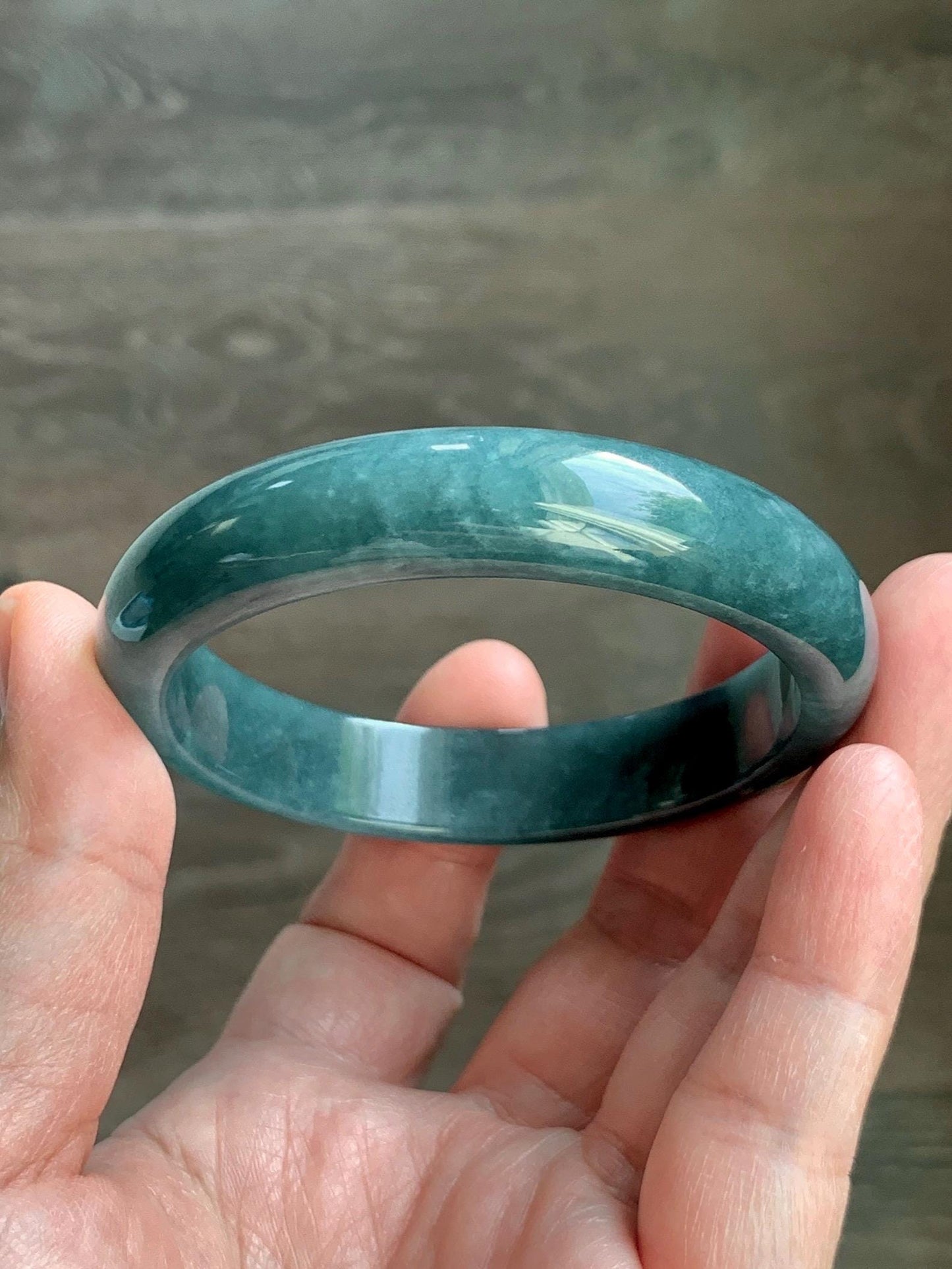 Certified Natural Grade A Guatemalan Icy Translucent Dark Teal Blue Jade Jadeite Wide Bangle 54.47mm 6.73” 44g 天然冰危蓝绿翡翠正圈宽版手镯 1228