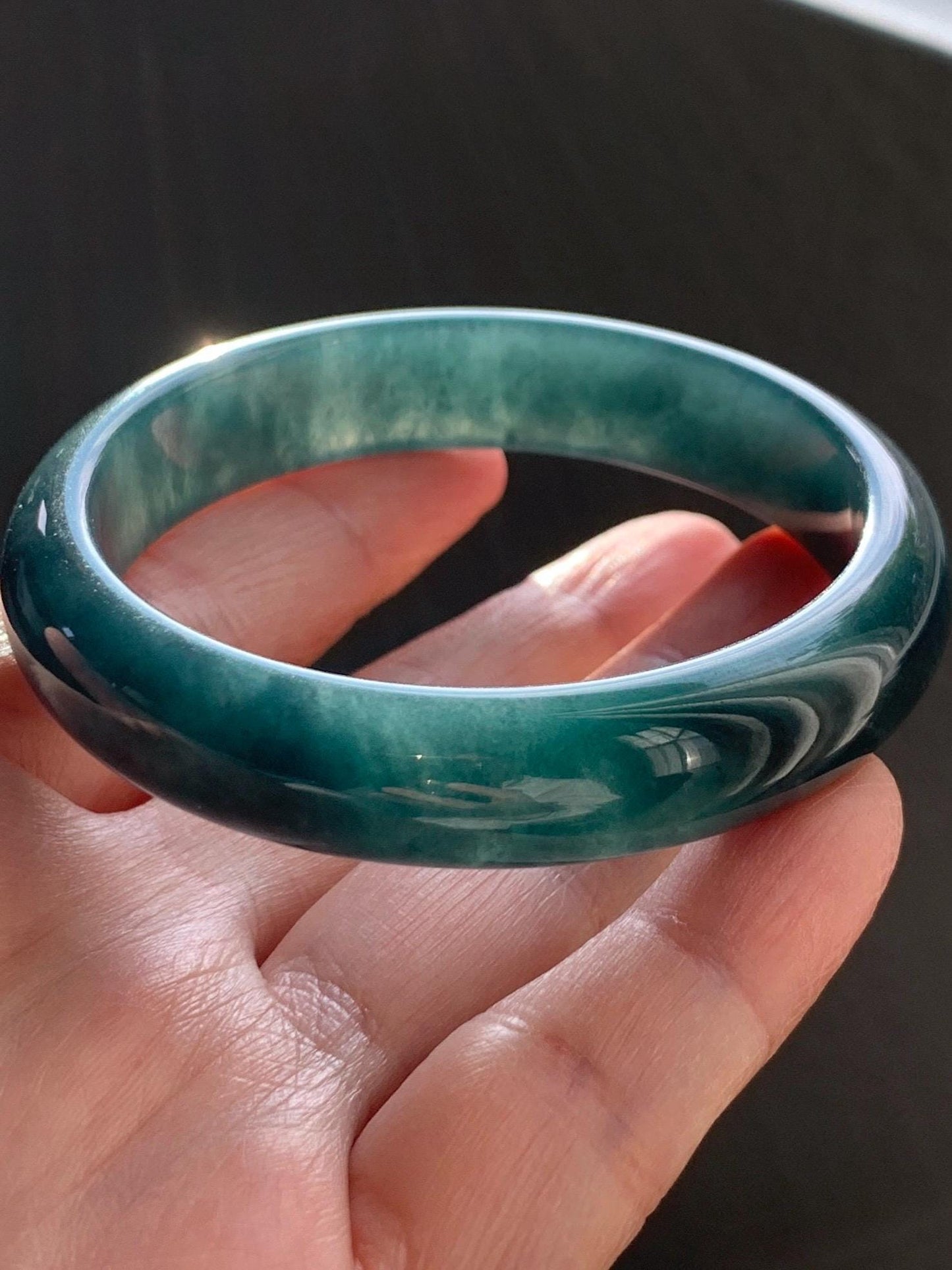 Certified Natural Grade A Guatemalan Icy Translucent Dark Teal Blue Jade Jadeite Wide Bangle 54.47mm 6.73” 44g 天然冰危蓝绿翡翠正圈宽版手镯 1228