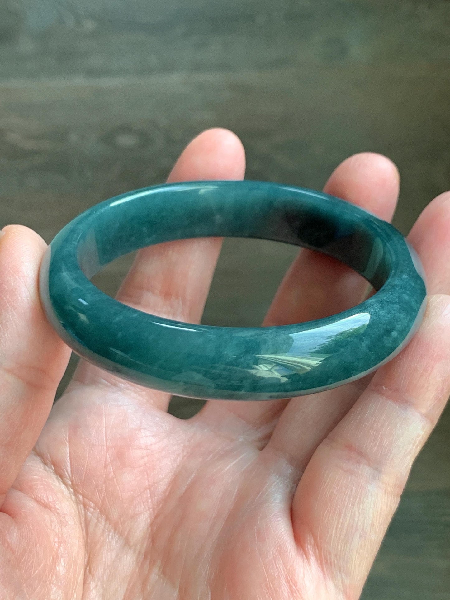 Certified Natural Grade A Guatemalan Icy Translucent Dark Teal Blue Jade Jadeite Wide Bangle 54.47mm 6.73” 44g 天然冰危蓝绿翡翠正圈宽版手镯 1228