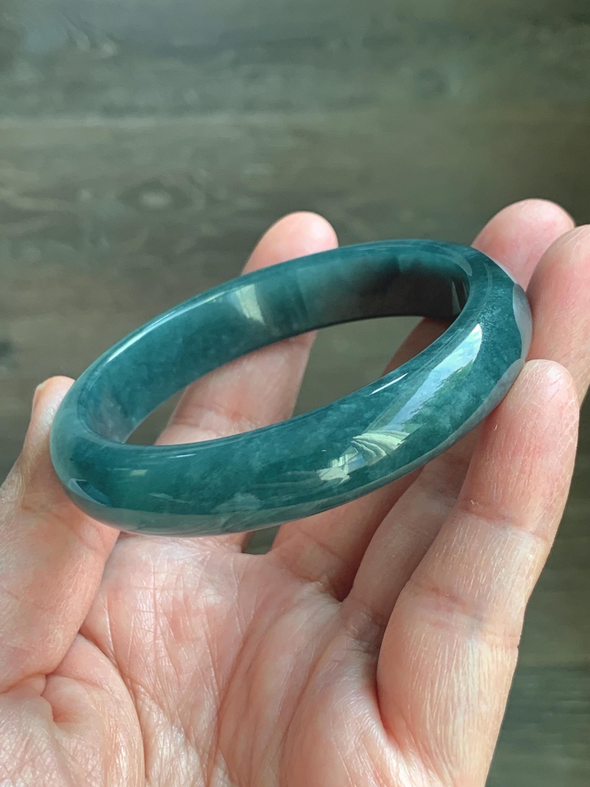 Certified Natural Grade A Guatemalan Icy Translucent Dark Teal Blue Jade Jadeite Wide Bangle 54.47mm 6.73” 44g 天然冰危蓝绿翡翠正圈宽版手镯 1228