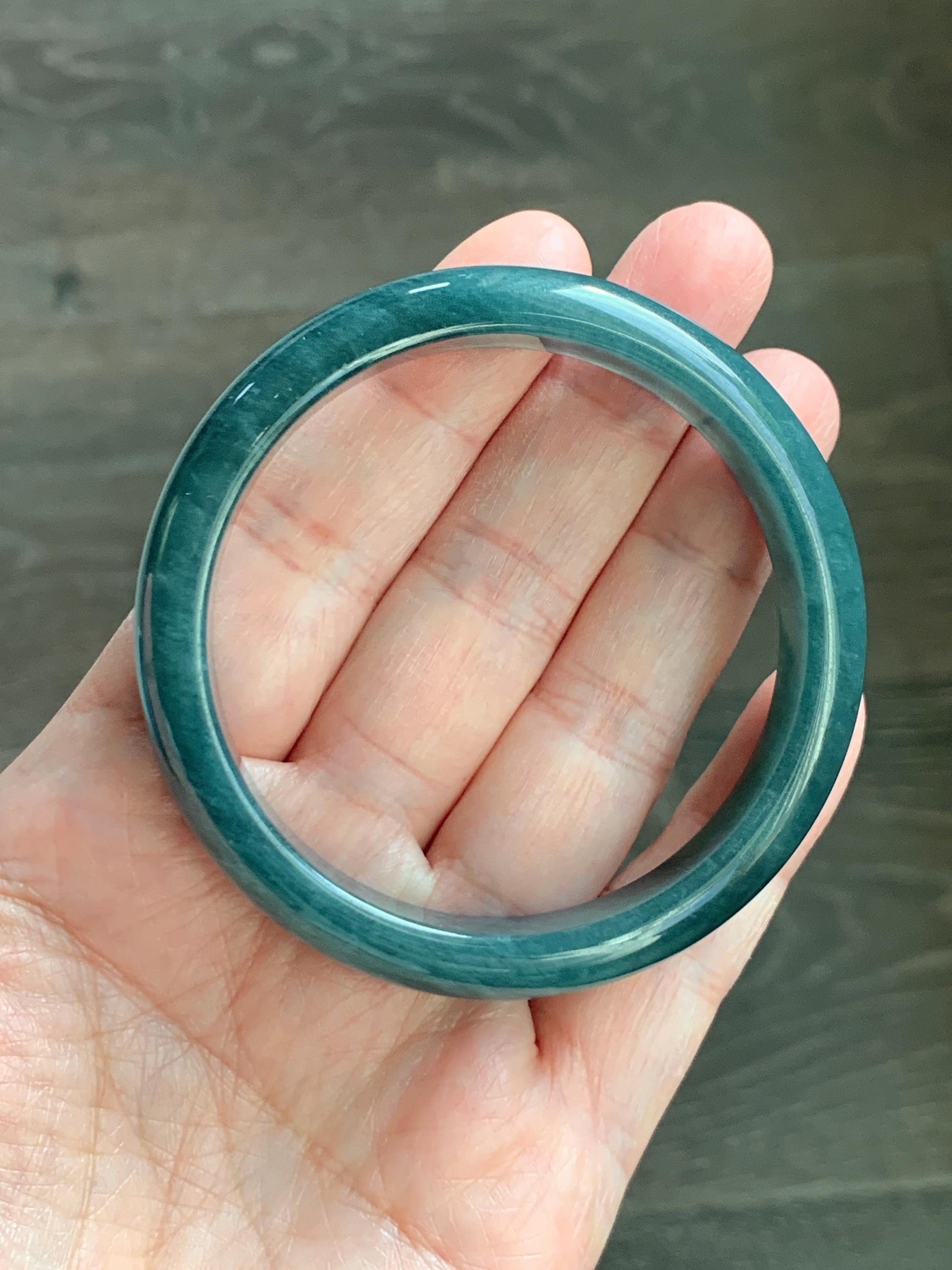 Certified Natural Grade A Guatemalan Icy Translucent Dark Teal Blue Jade Jadeite Wide Bangle 54.47mm 6.73” 44g 天然冰危蓝绿翡翠正圈宽版手镯 1228