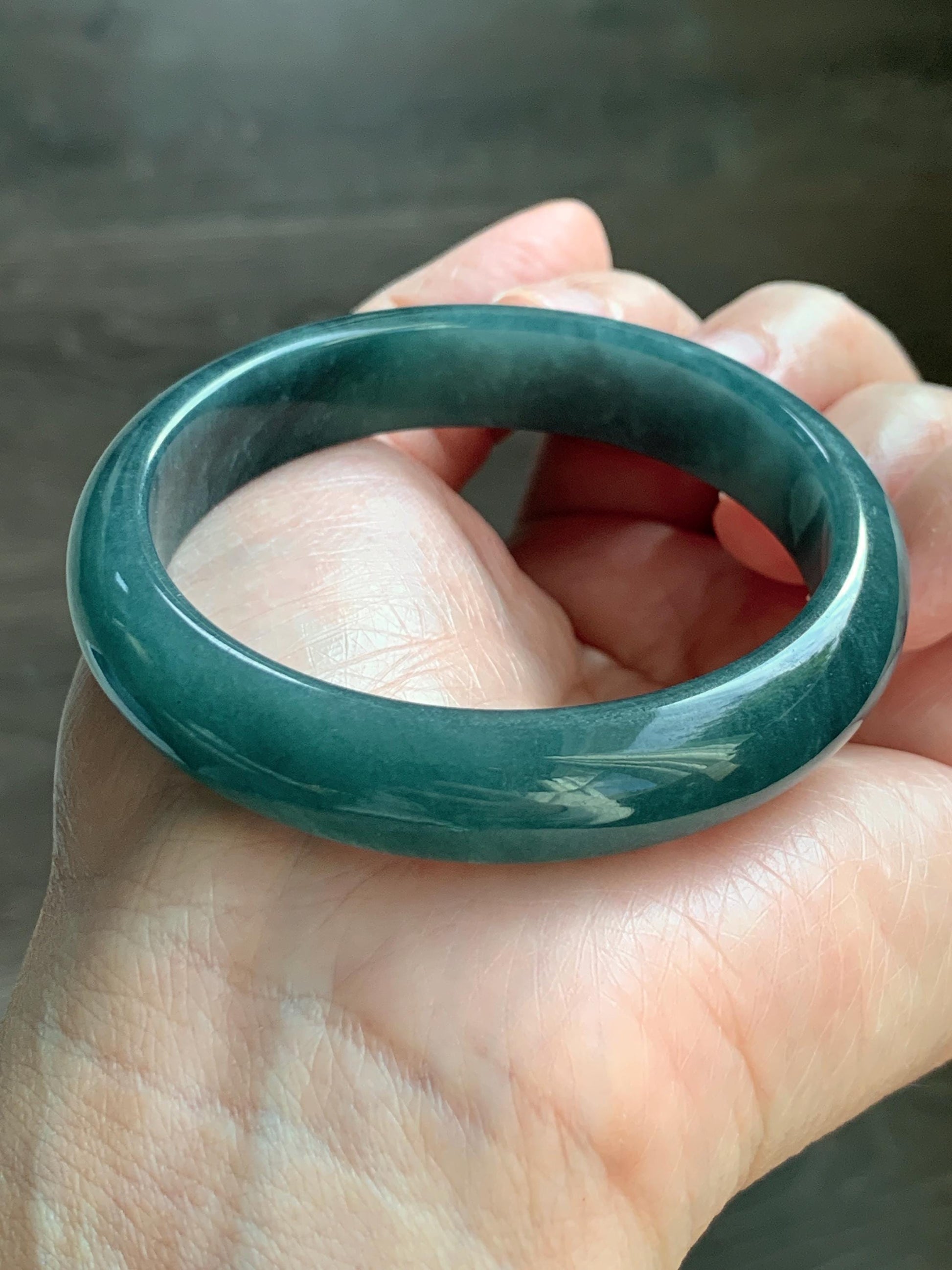 Certified Natural Grade A Guatemalan Icy Translucent Dark Teal Blue Jade Jadeite Wide Bangle 54.47mm 6.73” 44g 天然冰危蓝绿翡翠正圈宽版手镯 1228