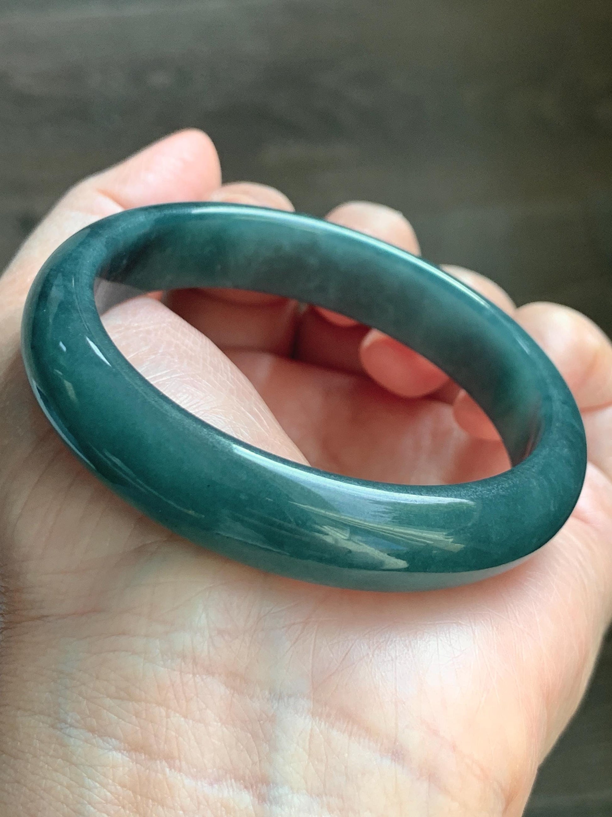 Certified Natural Grade A Guatemalan Icy Translucent Dark Teal Blue Jade Jadeite Wide Bangle 54.47mm 6.73” 44g 天然冰危蓝绿翡翠正圈宽版手镯 1228