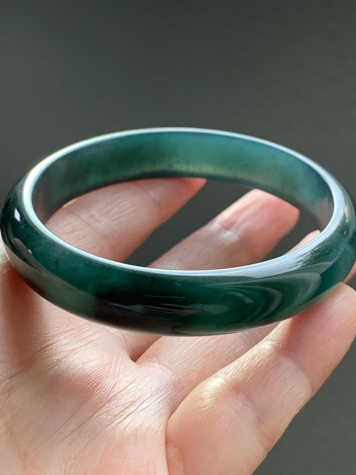 Certified Natural Grade A Guatemalan Icy Translucent Dark Teal Green Jade Jadeite Wide Bangle 57.81mm 7.15” 41g 天然冰危深蓝绿翡翠正圈宽版手镯 1203