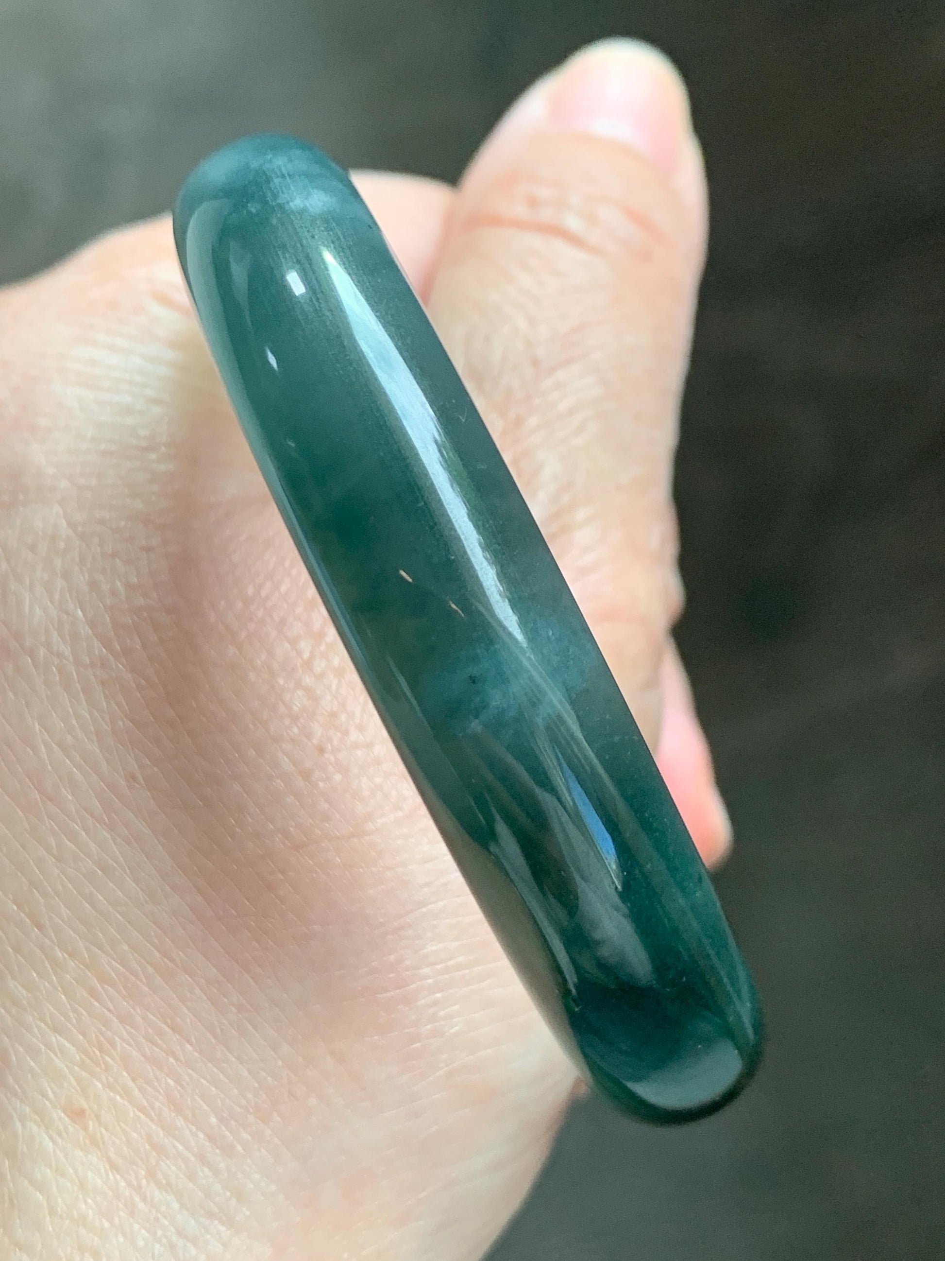 Certified Natural Grade A Guatemalan Icy Translucent Dark Teal Green Jade Jadeite Wide Bangle 57.81mm 7.15” 41g 天然冰危深蓝绿翡翠正圈宽版手镯 1203