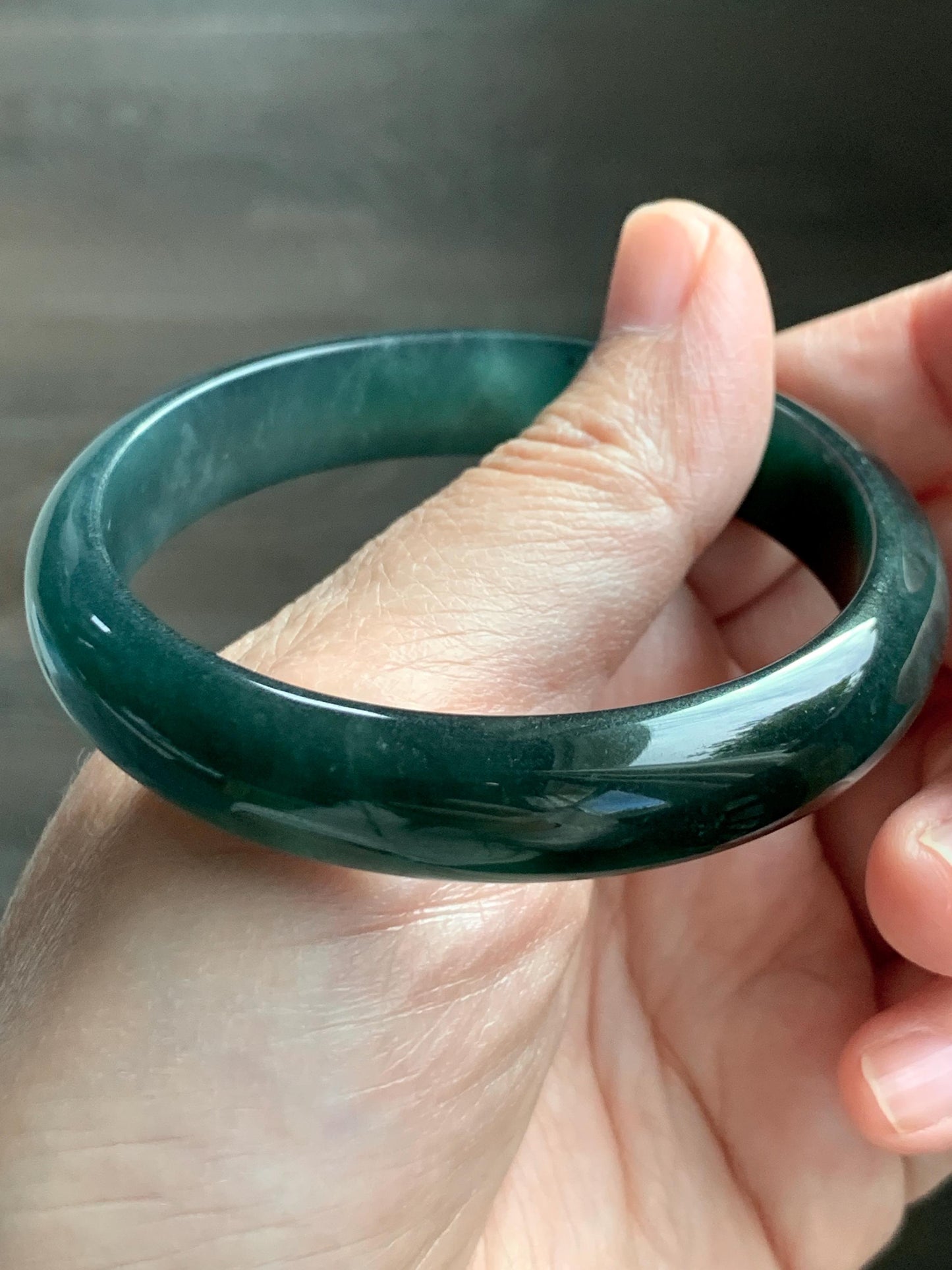 Certified Natural Grade A Guatemalan Icy Translucent Dark Teal Green Jade Jadeite Wide Bangle 57.81mm 7.15” 41g 天然冰危深蓝绿翡翠正圈宽版手镯 1203