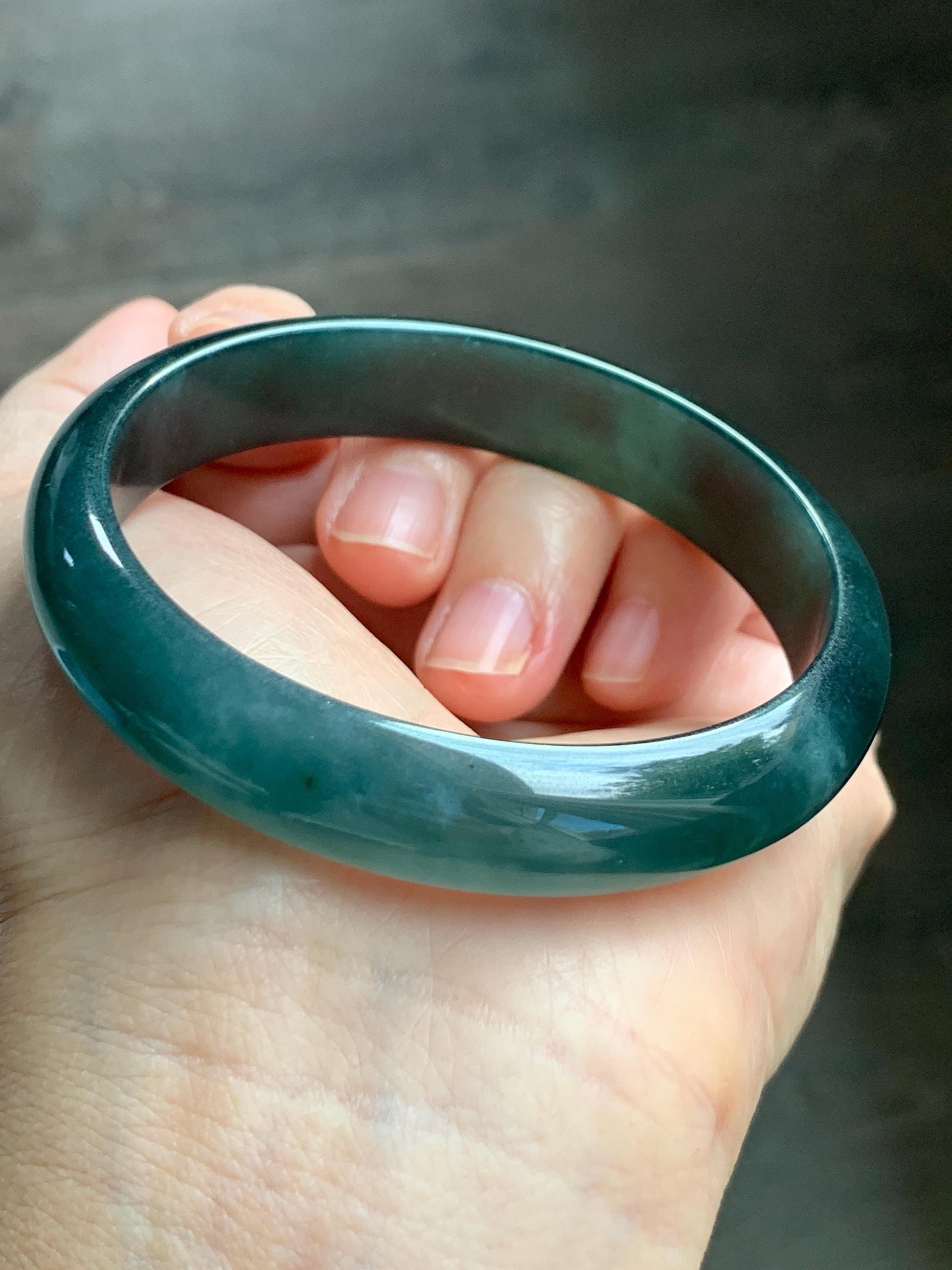 Certified Natural Grade A Guatemalan Icy Translucent Dark Teal Green Jade Jadeite Wide Bangle 57.81mm 7.15” 41g 天然冰危深蓝绿翡翠正圈宽版手镯 1203
