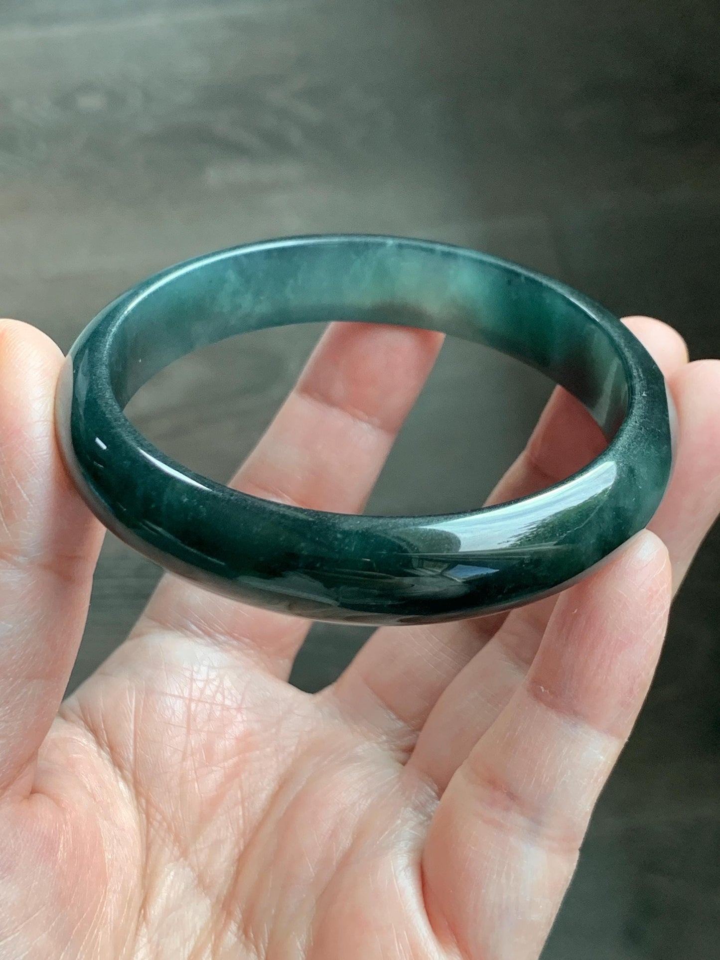 Certified Natural Grade A Guatemalan Icy Translucent Dark Teal Green Jade Jadeite Wide Bangle 57.81mm 7.15” 41g 天然冰危深蓝绿翡翠正圈宽版手镯 1203