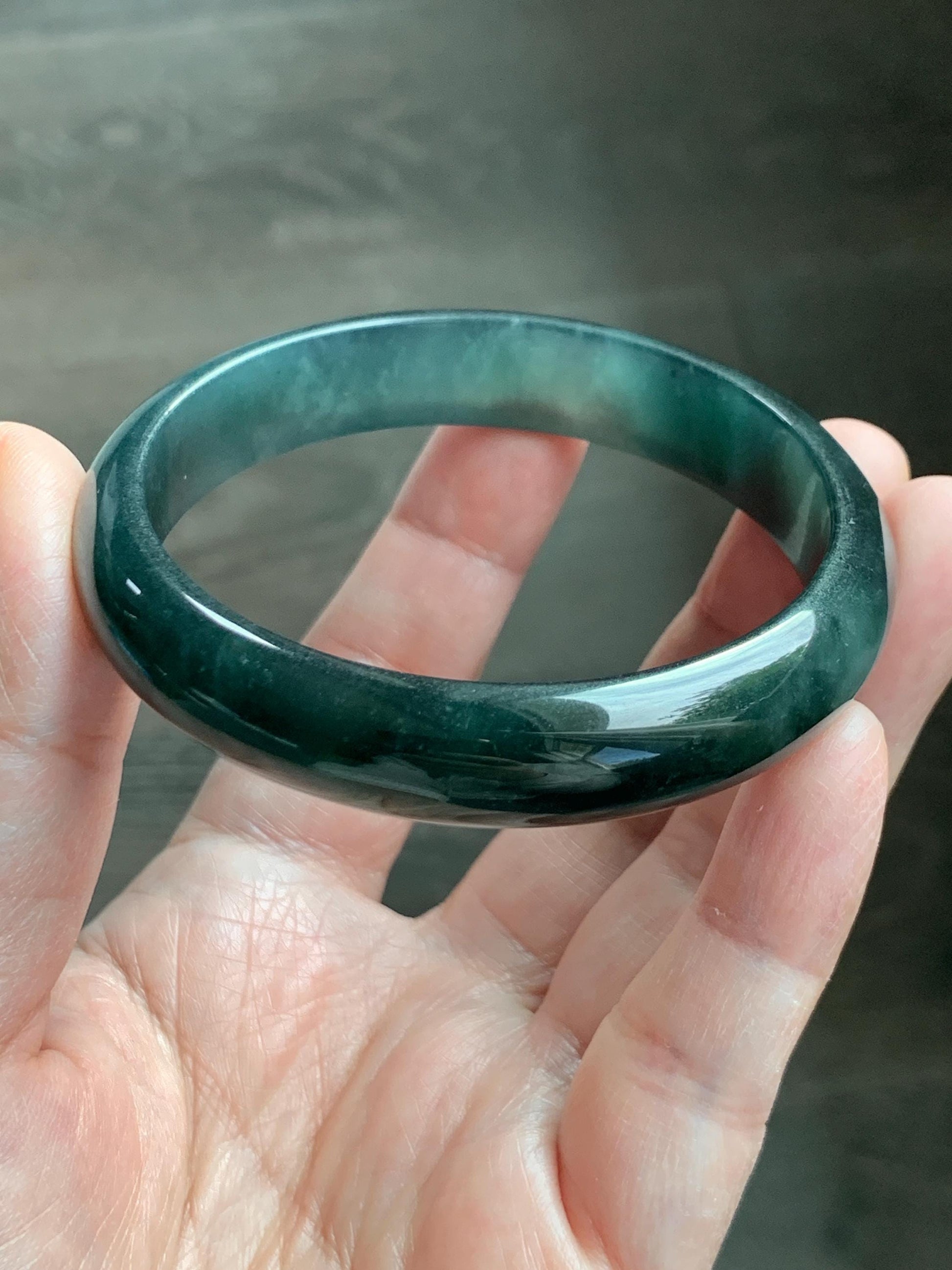 Certified Natural Grade A Guatemalan Icy Translucent Dark Teal Green Jade Jadeite Wide Bangle 57.81mm 7.15” 41g 天然冰危深蓝绿翡翠正圈宽版手镯 1203