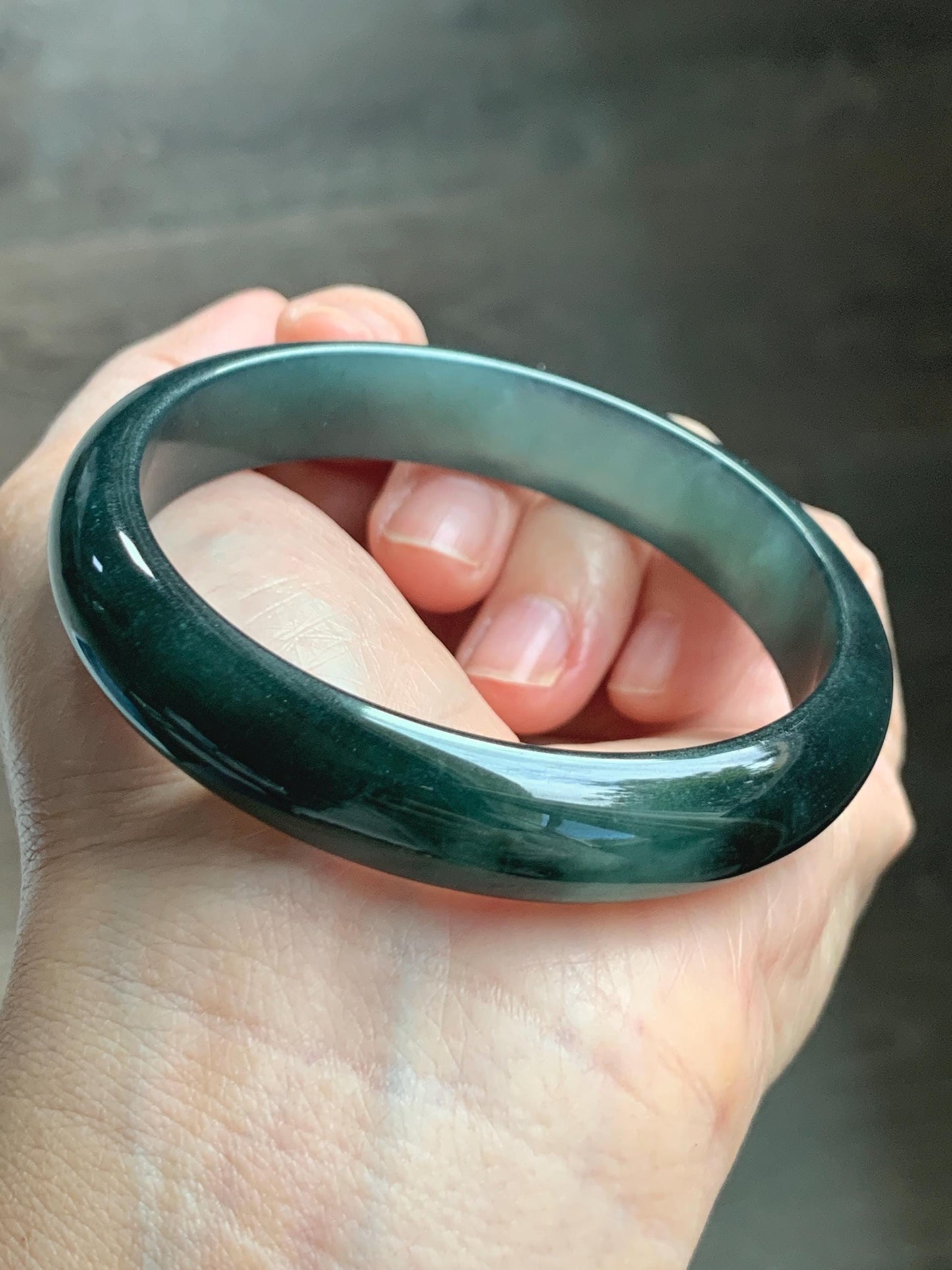 Certified Natural Grade A Guatemalan Icy Translucent Dark Teal Green Jade Jadeite Wide Bangle 57.81mm 7.15” 41g 天然冰危深蓝绿翡翠正圈宽版手镯 1203