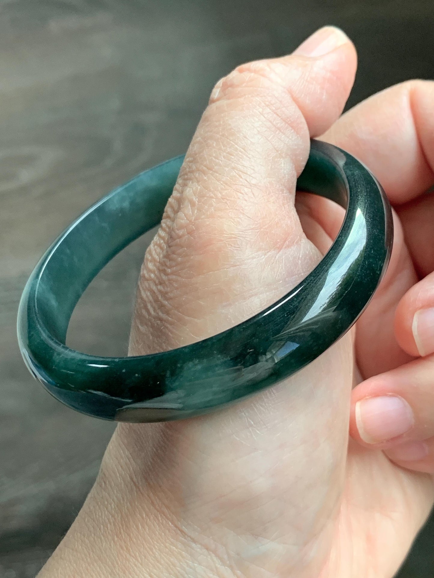 Certified Natural Grade A Guatemalan Icy Translucent Dark Teal Green Jade Jadeite Wide Bangle 57.81mm 7.15” 41g 天然冰危深蓝绿翡翠正圈宽版手镯 1203
