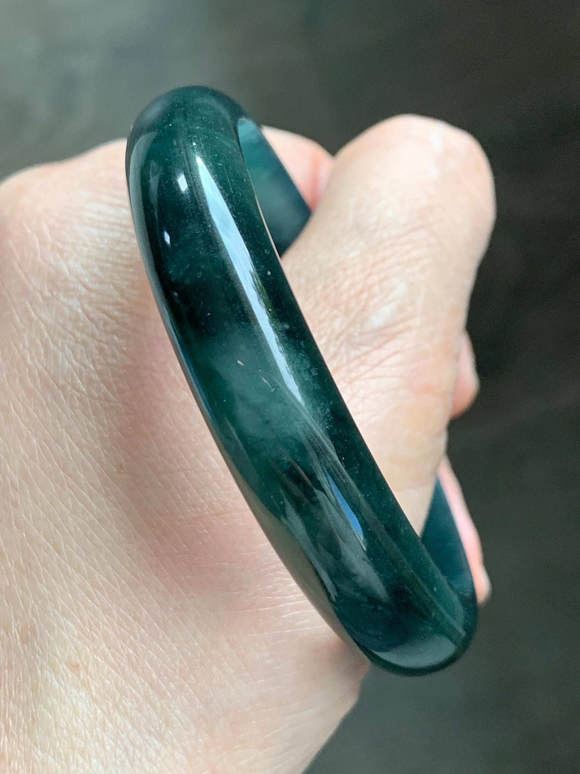 Certified Natural Grade A Guatemalan Icy Translucent Dark Teal Green Jade Jadeite Wide Bangle 57.81mm 7.15” 41g 天然冰危深蓝绿翡翠正圈宽版手镯 1203
