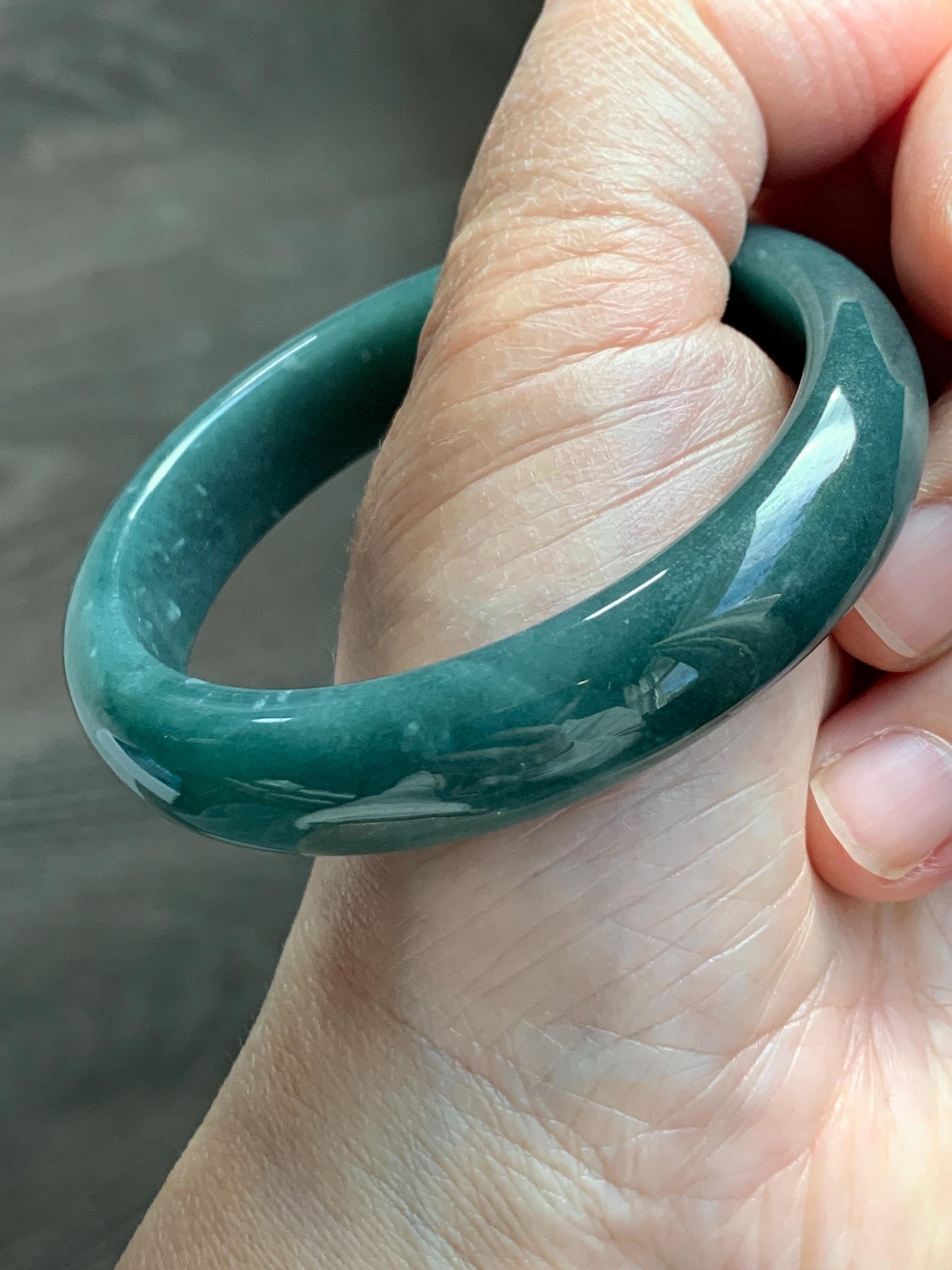 Certified Natural Grade A Guatemalan Icy Translucent Dark Teal Blue Jade Jadeite Wide Bangle 53.45 6.6” 44.5g 天然冰危蓝绿翡翠正圈宽版手镯 1227