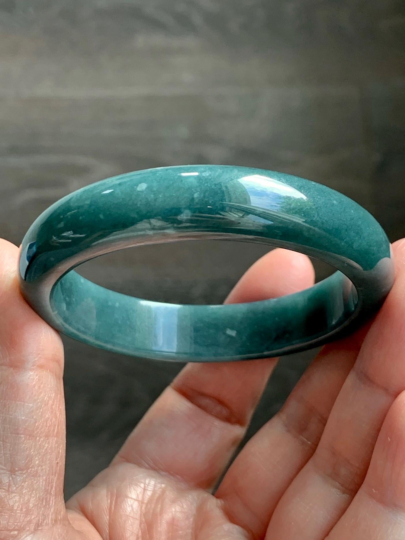 Certified Natural Grade A Guatemalan Icy Translucent Dark Teal Blue Jade Jadeite Wide Bangle 53.45 6.6” 44.5g 天然冰危蓝绿翡翠正圈宽版手镯 1227