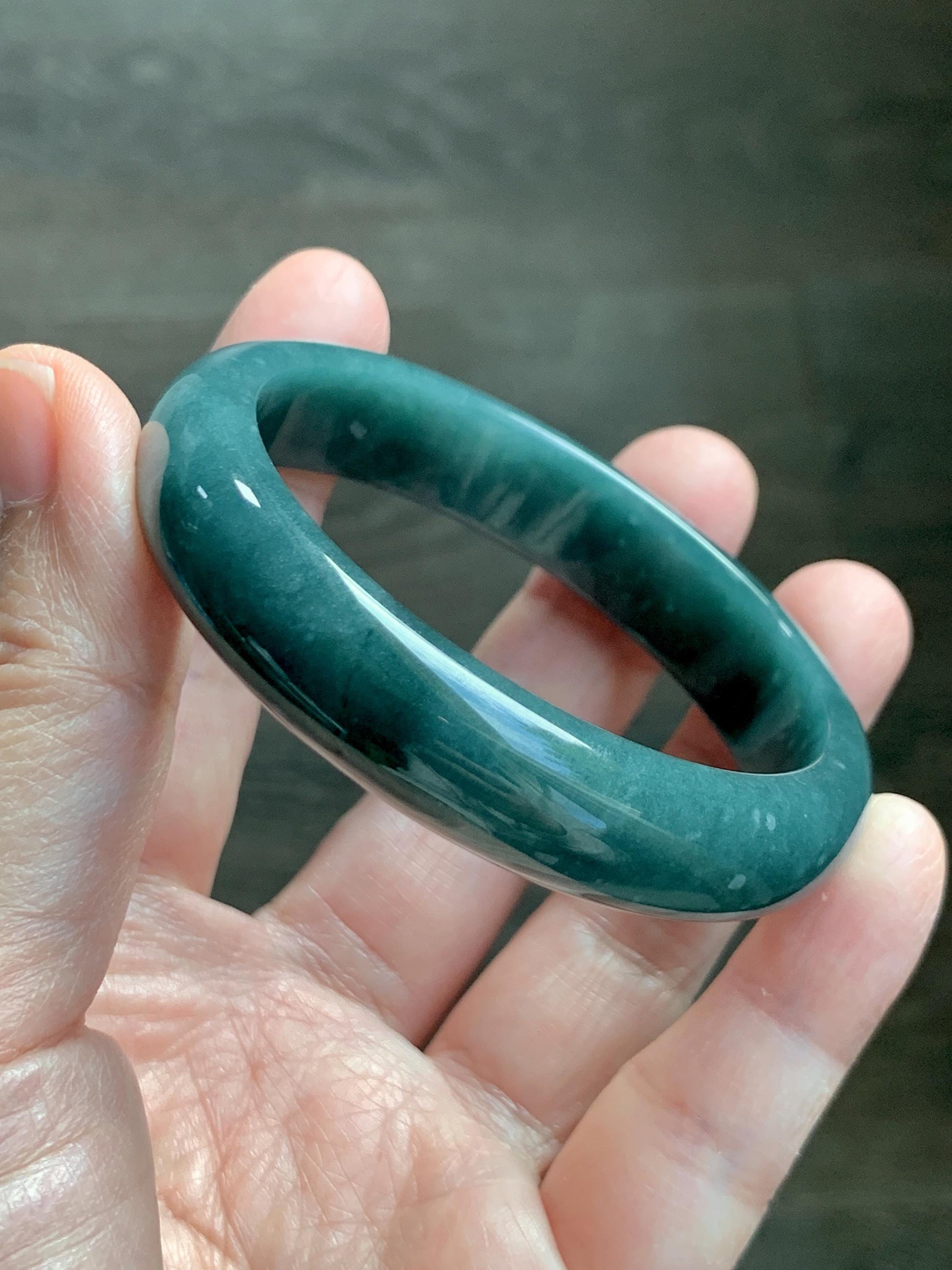 Certified Natural Grade A Guatemalan Icy Translucent Dark Teal Blue Jade Jadeite Wide Bangle 53.45 6.6” 44.5g 天然冰危蓝绿翡翠正圈宽版手镯 1227