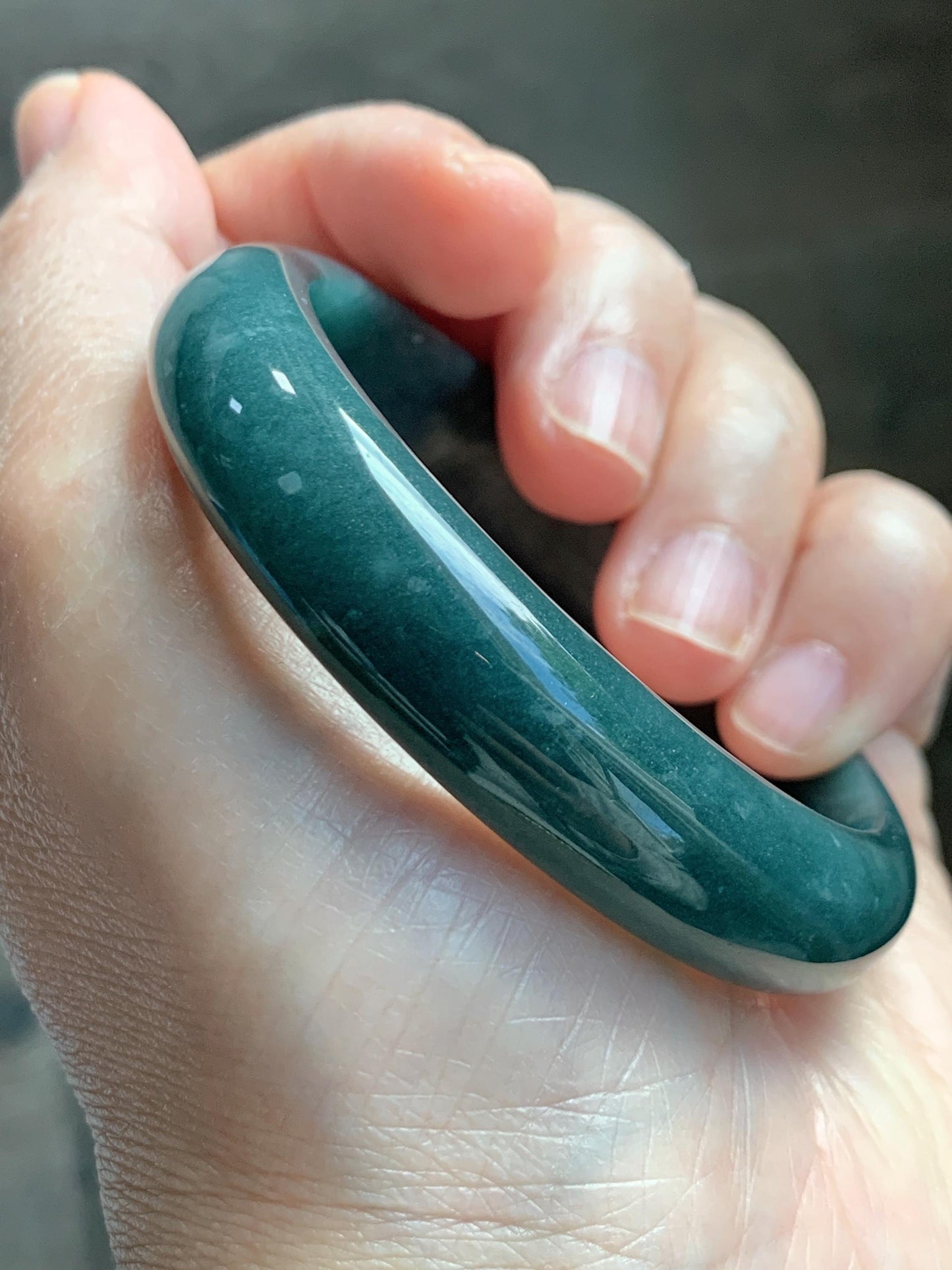 Certified Natural Grade A Guatemalan Icy Translucent Dark Teal Blue Jade Jadeite Wide Bangle 53.45 6.6” 44.5g 天然冰危蓝绿翡翠正圈宽版手镯 1227
