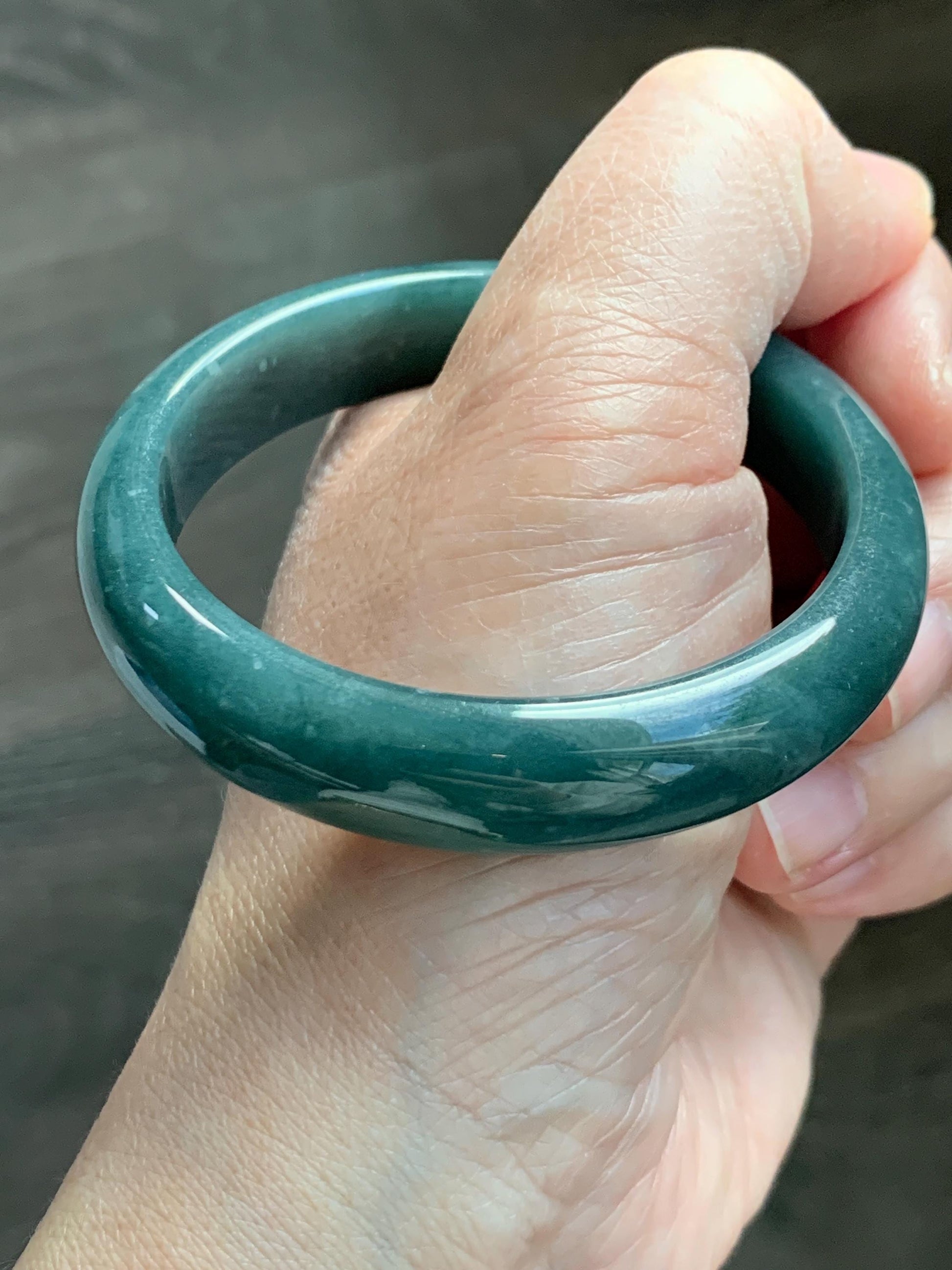 Certified Natural Grade A Guatemalan Icy Translucent Dark Teal Blue Jade Jadeite Wide Bangle 53.45 6.6” 44.5g 天然冰危蓝绿翡翠正圈宽版手镯 1227