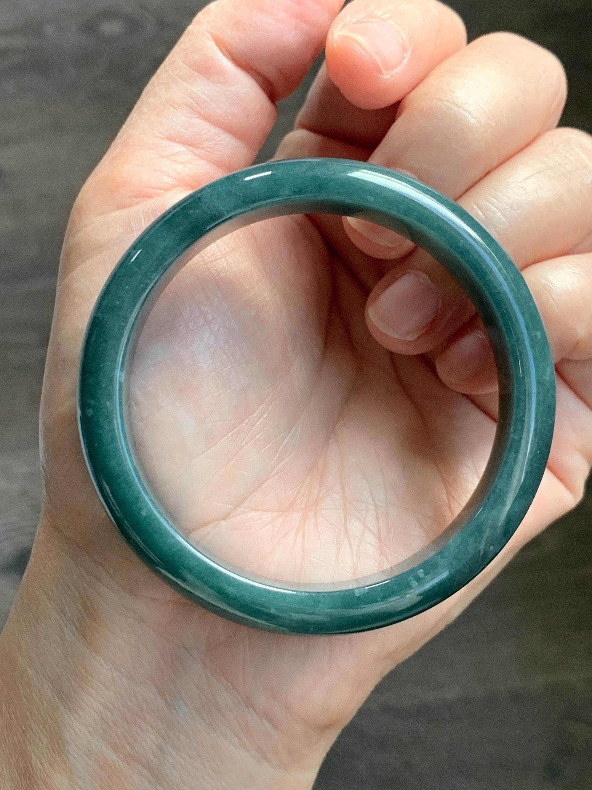 Certified Natural Grade A Guatemalan Icy Translucent Dark Teal Blue Jade Jadeite Wide Bangle 53.45 6.6” 44.5g 天然冰危蓝绿翡翠正圈宽版手镯 1227