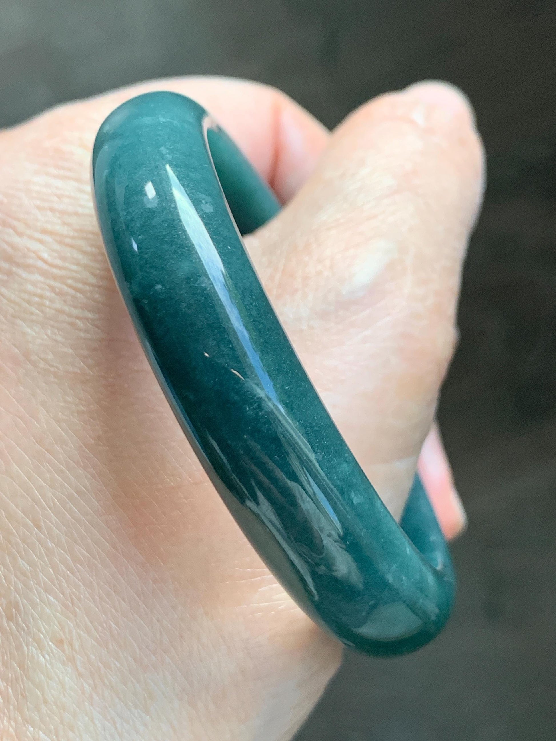 Certified Natural Grade A Guatemalan Icy Translucent Dark Teal Blue Jade Jadeite Wide Bangle 53.45 6.6” 44.5g 天然冰危蓝绿翡翠正圈宽版手镯 1227