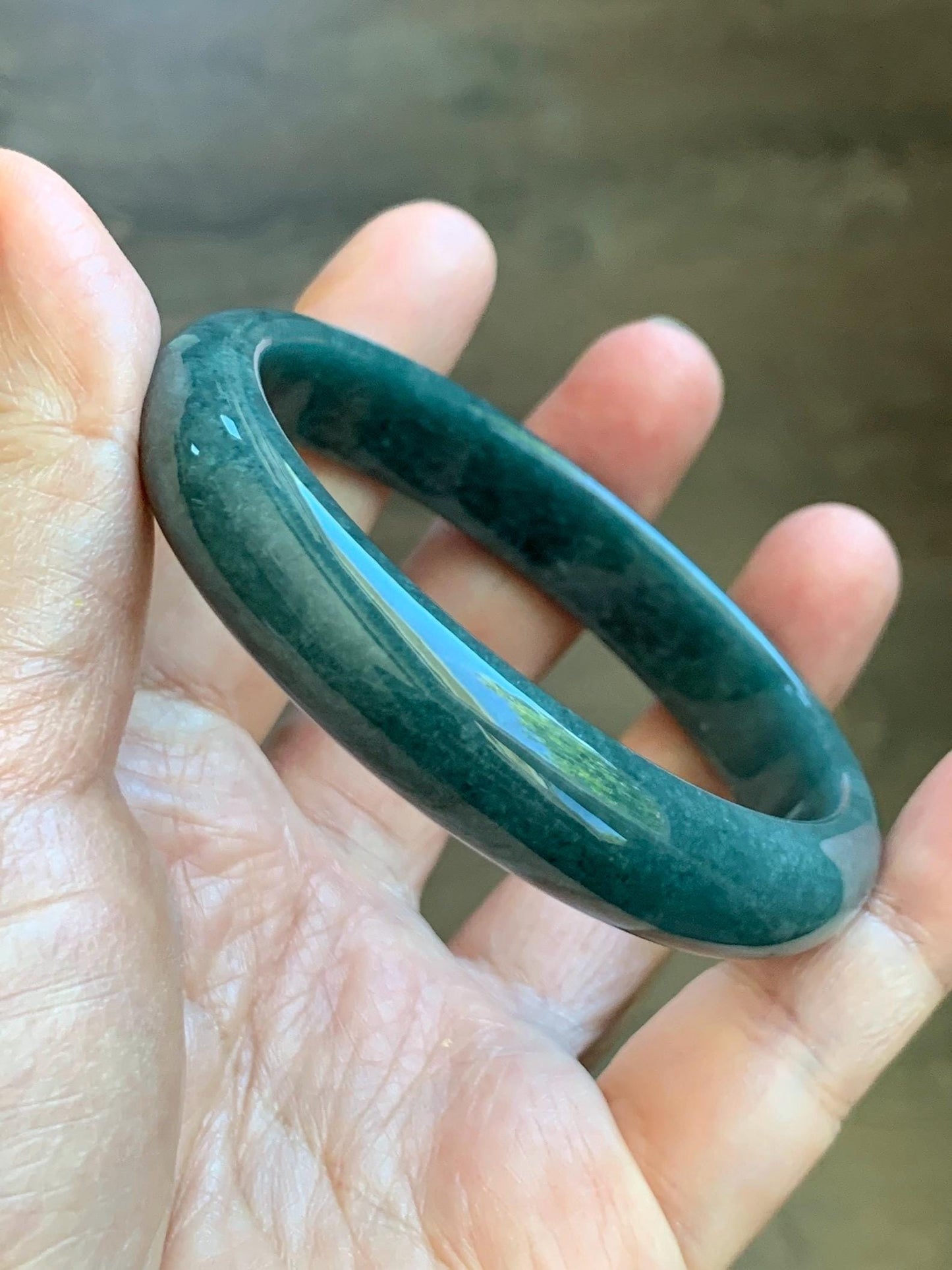 Certified Natural Grade A Guatemalan Icy Translucent Dark Teal Blue Jade Jadeite Wide Bangle 58mm 7.17” 45.6g 天然冰危蓝绿翡翠正圈宽版手镯 1234