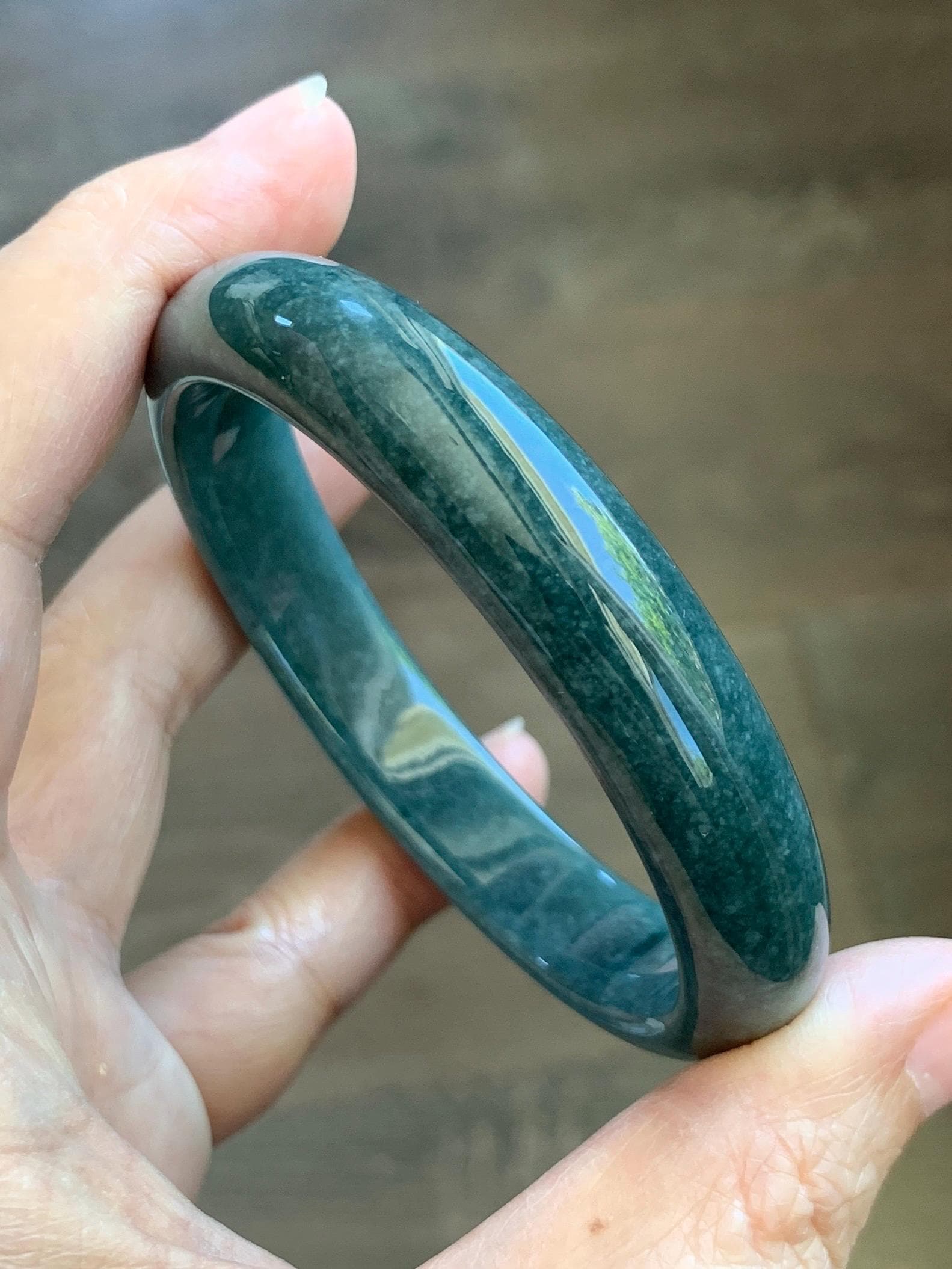 Certified Natural Grade A Guatemalan Icy Translucent Dark Teal Blue Jade Jadeite Wide Bangle 58mm 7.17” 45.6g 天然冰危蓝绿翡翠正圈宽版手镯 1234