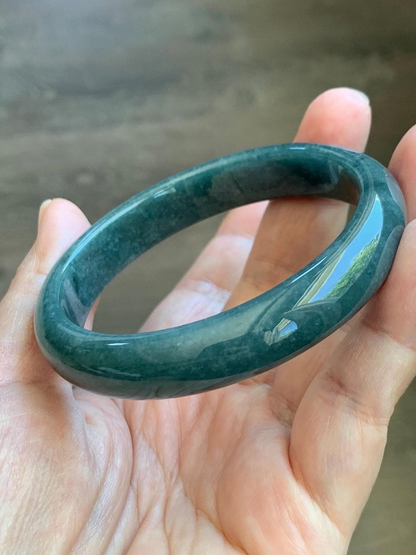 Certified Natural Grade A Guatemalan Icy Translucent Dark Teal Blue Jade Jadeite Wide Bangle 58mm 7.17” 45.6g 天然冰危蓝绿翡翠正圈宽版手镯 1234