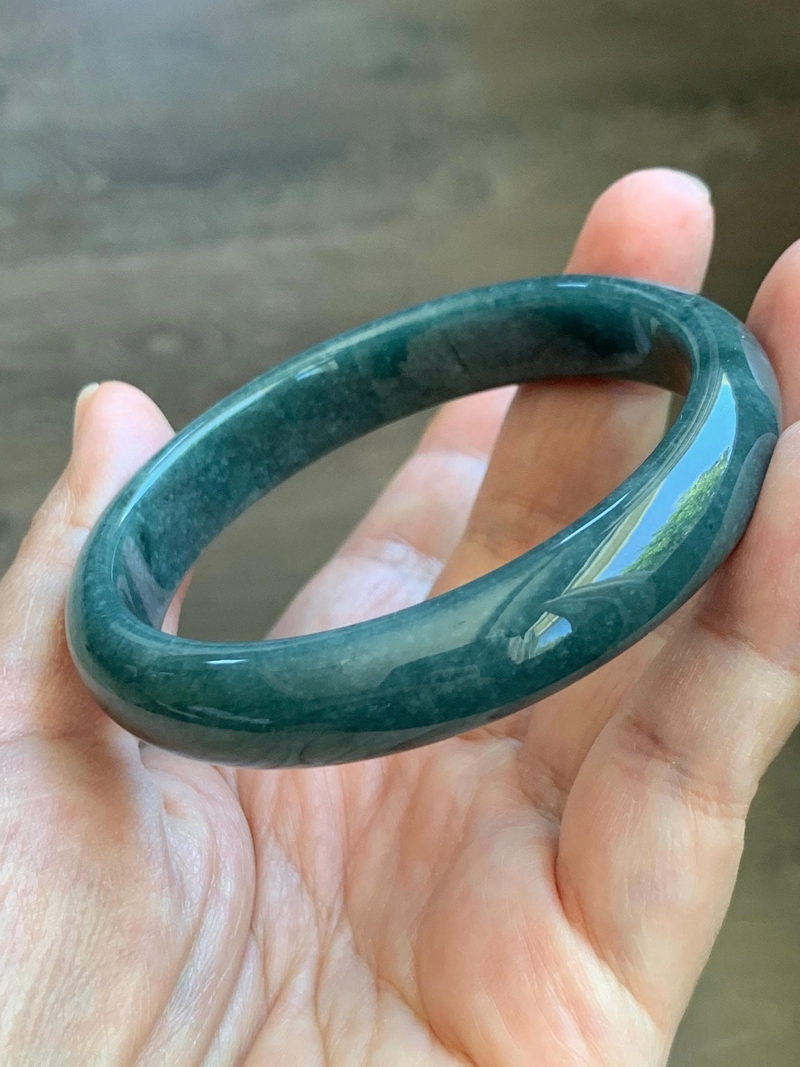Certified Natural Grade A Guatemalan Icy Translucent Dark Teal Blue Jade Jadeite Wide Bangle 58mm 7.17” 45.6g 天然冰危蓝绿翡翠正圈宽版手镯 1234