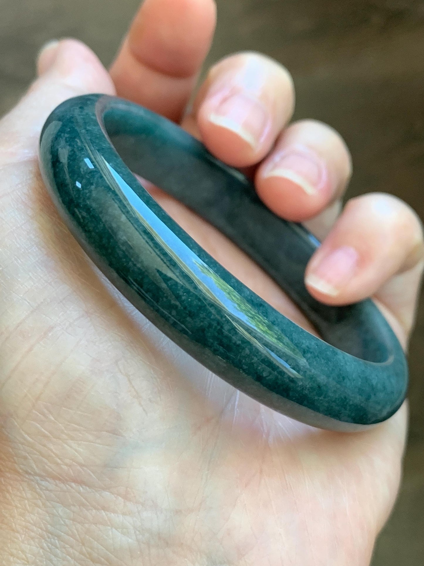 Certified Natural Grade A Guatemalan Icy Translucent Dark Teal Blue Jade Jadeite Wide Bangle 58mm 7.17” 45.6g 天然冰危蓝绿翡翠正圈宽版手镯 1234