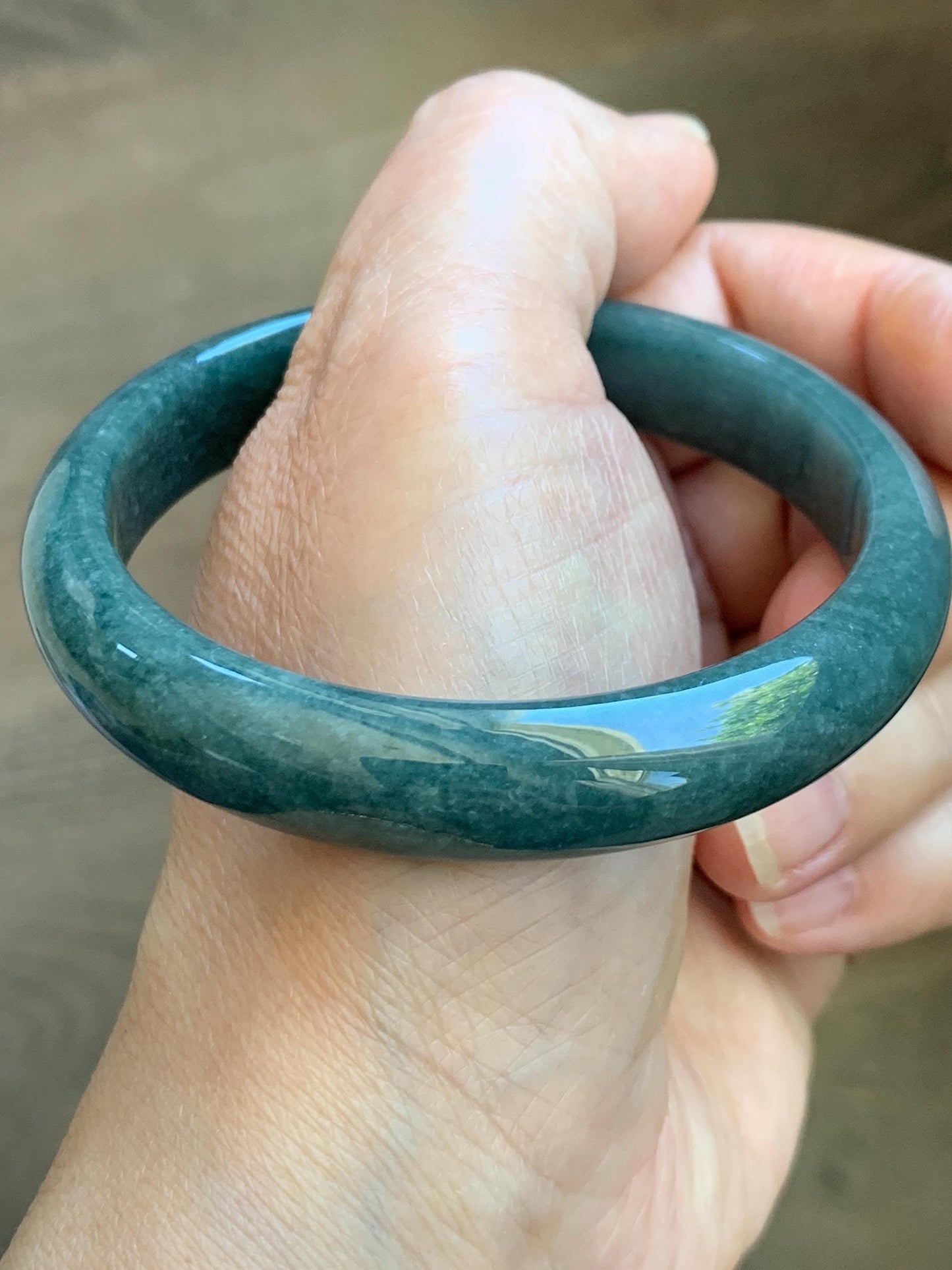 Certified Natural Grade A Guatemalan Icy Translucent Dark Teal Blue Jade Jadeite Wide Bangle 58mm 7.17” 45.6g 天然冰危蓝绿翡翠正圈宽版手镯 1234