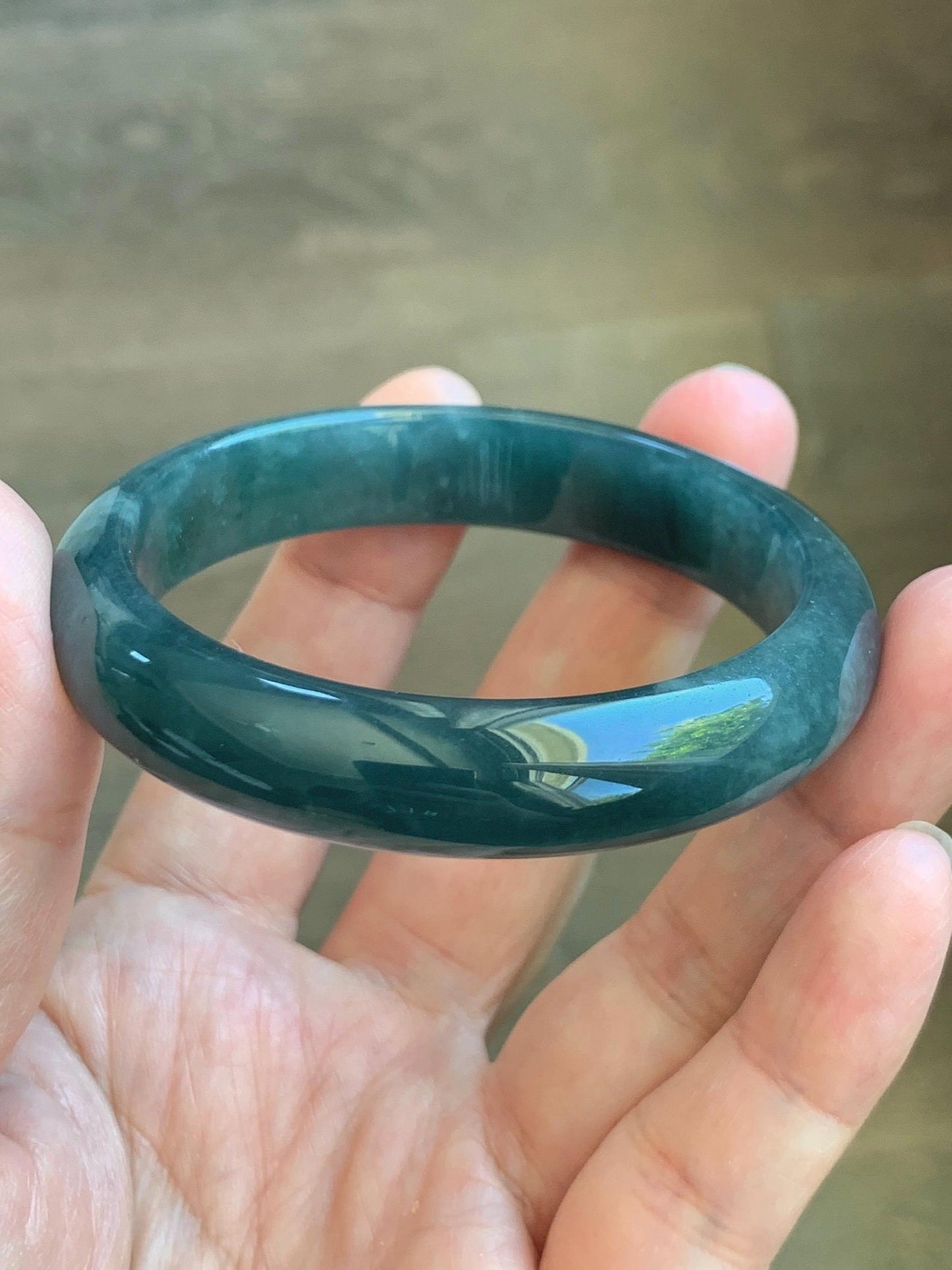 Certified Natural Grade A Guatemalan Icy Translucent Dark Teal Blue Jade Jadeite Wide Bangle 54mm 6.67” 42g 天然冰危蓝绿翡翠正圈宽版手镯 1229