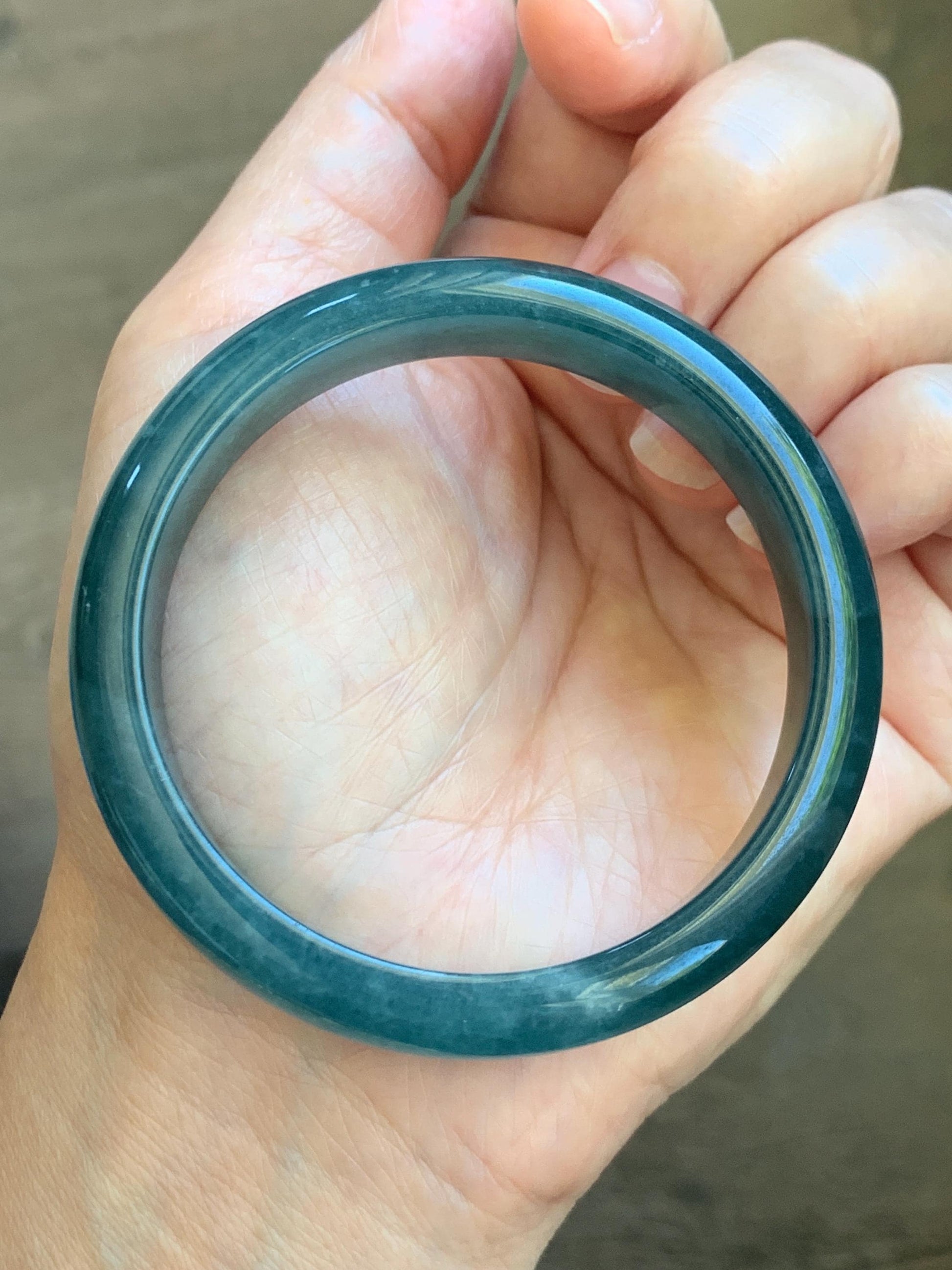 Certified Natural Grade A Guatemalan Icy Translucent Dark Teal Blue Jade Jadeite Wide Bangle 54mm 6.67” 42g 天然冰危蓝绿翡翠正圈宽版手镯 1229
