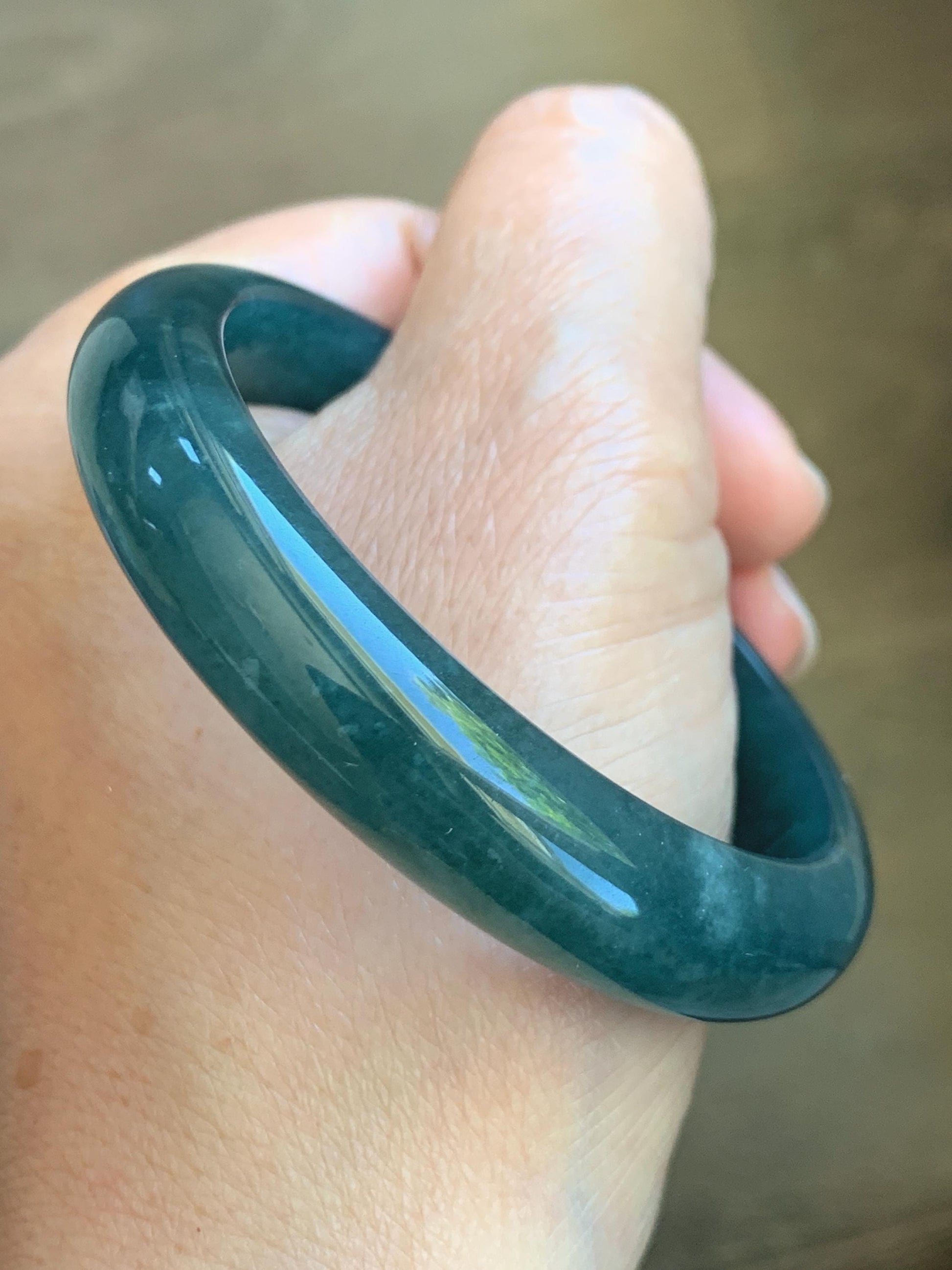Certified Natural Grade A Guatemalan Icy Translucent Dark Teal Blue Jade Jadeite Wide Bangle 54mm 6.67” 42g 天然冰危蓝绿翡翠正圈宽版手镯 1229