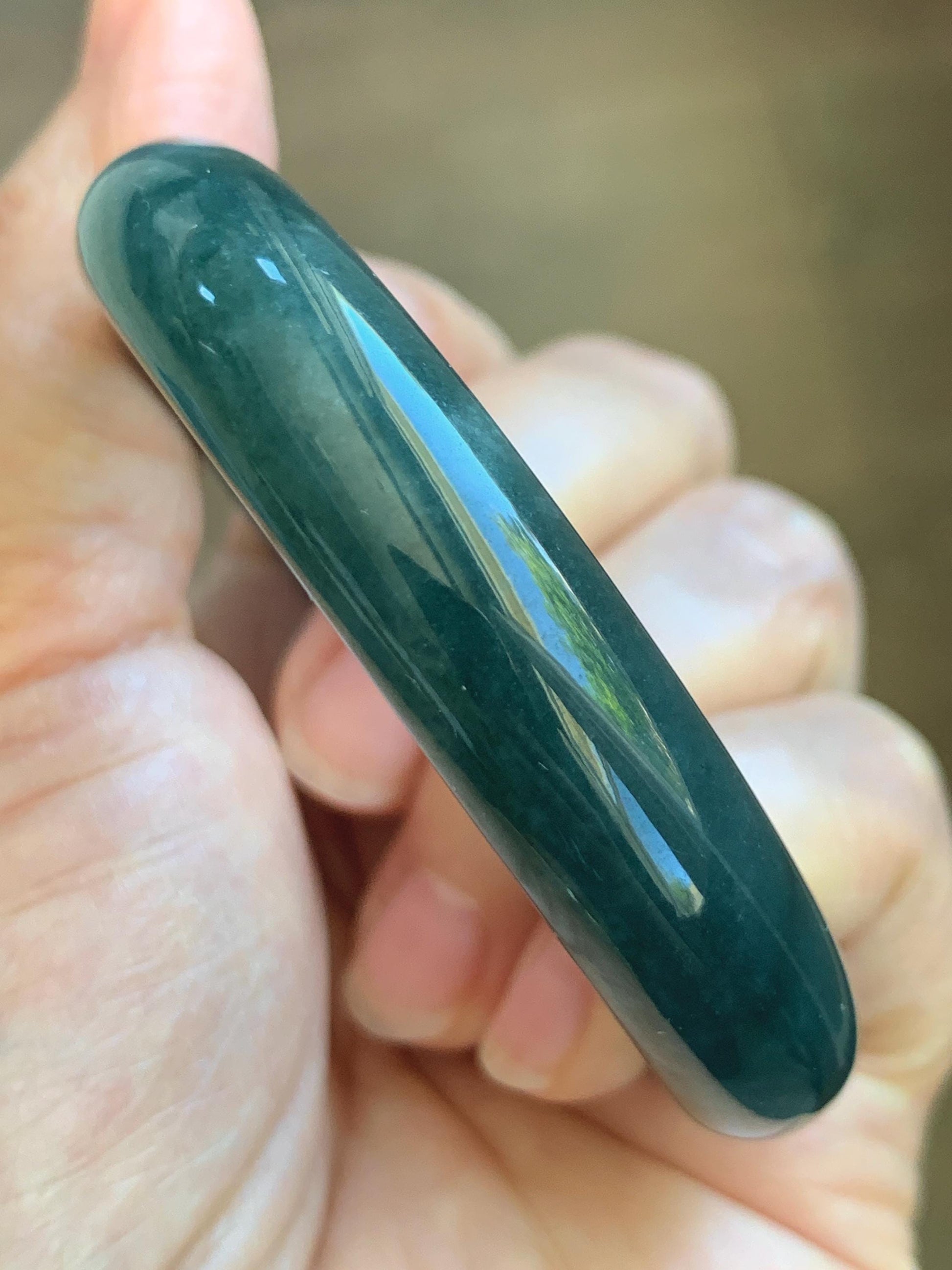 Certified Natural Grade A Guatemalan Icy Translucent Dark Teal Blue Jade Jadeite Wide Bangle 54mm 6.67” 42g 天然冰危蓝绿翡翠正圈宽版手镯 1229