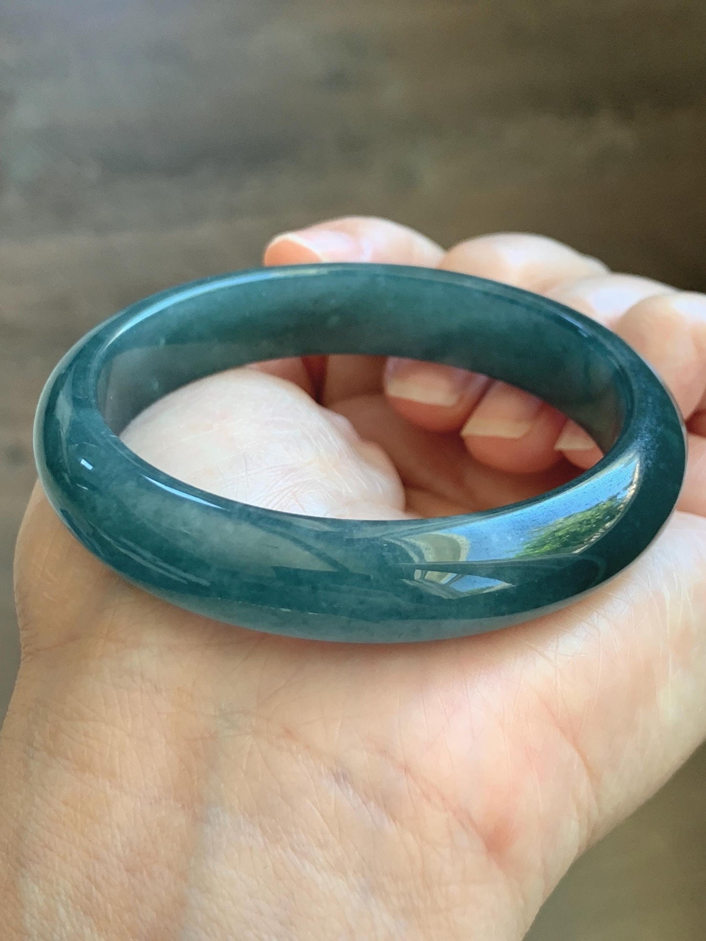 Certified Natural Grade A Guatemalan Icy Translucent Dark Teal Blue Jade Jadeite Wide Bangle 54mm 6.67” 42g 天然冰危蓝绿翡翠正圈宽版手镯 1229