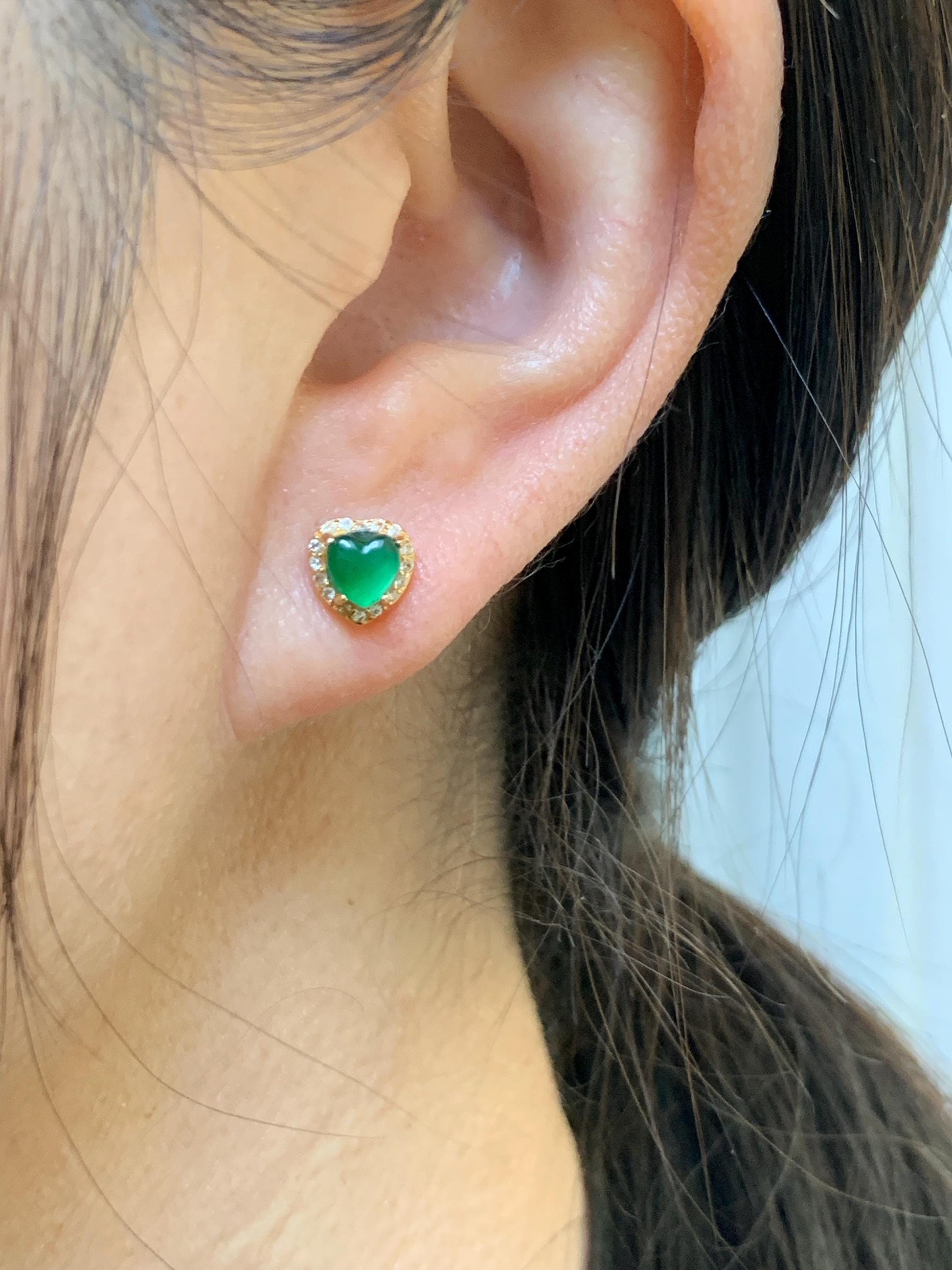 Natural Grade A Guatemalan Icy Translucent Vibrant Green Jade Jadeite Heart Halo Stud Earrings Sterling Silver 天然冰危绿翡翠爱心银耳钉 AXD66