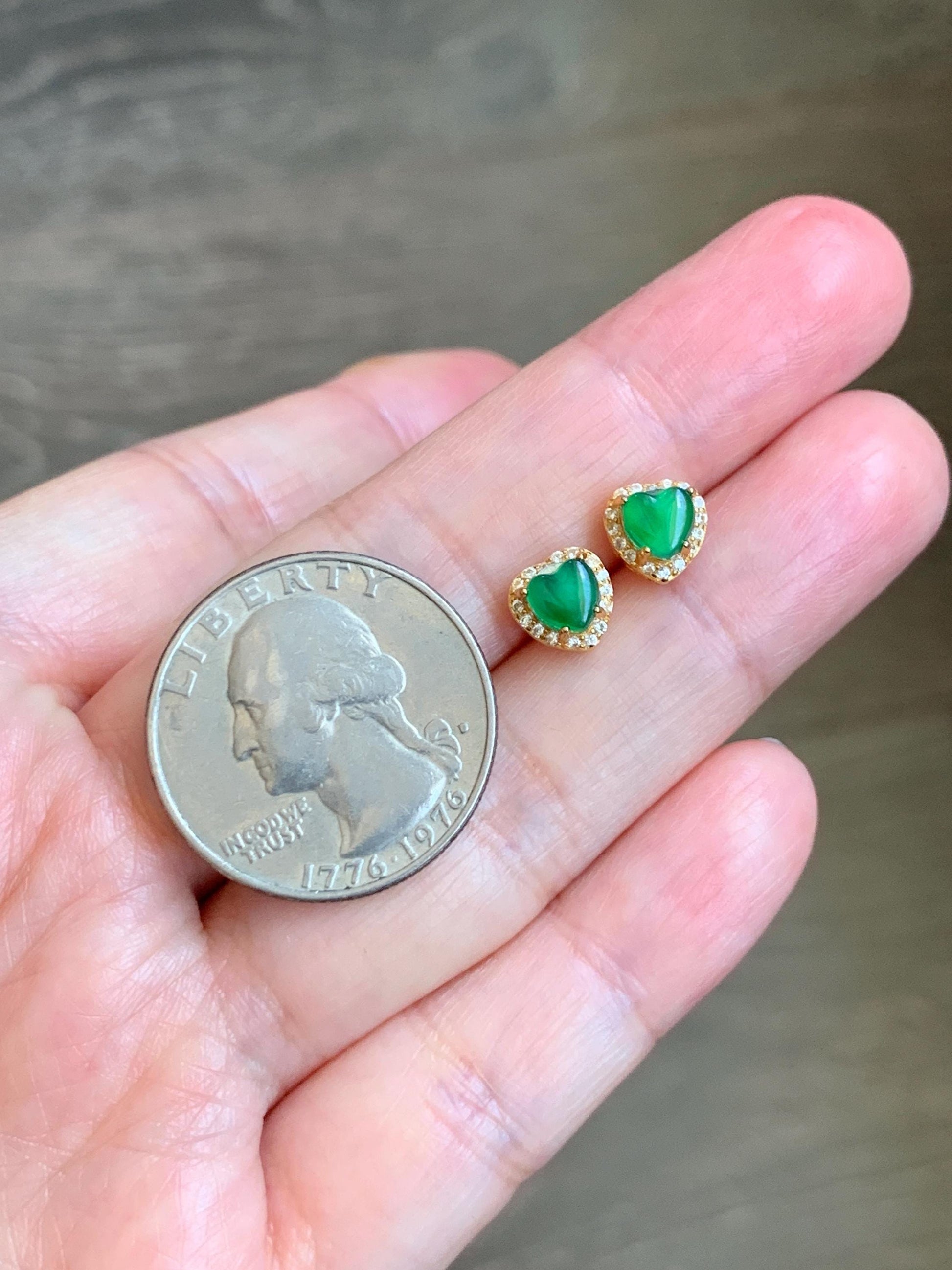Natural Grade A Guatemalan Icy Translucent Vibrant Green Jade Jadeite Heart Halo Stud Earrings Sterling Silver 天然冰危绿翡翠爱心银耳钉 AXD66