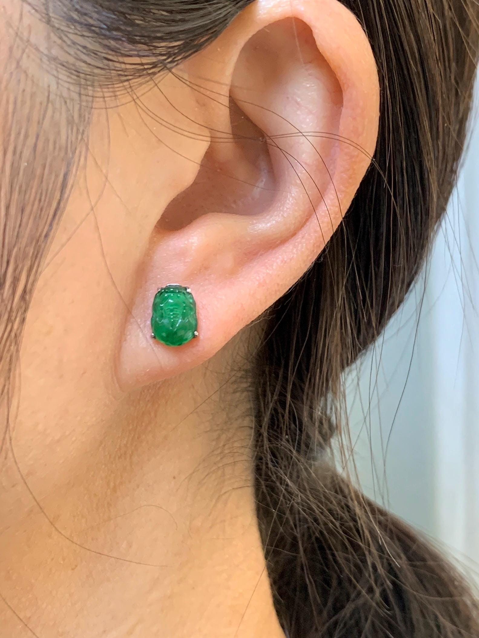 Natural Guatemalan Grade A Icy Translucent Vibrant Green Jade Jadeite Petite Pixiu Stud Earrings Sterling Silver 天然冰危绿翡翠迷你貔貅镶嵌耳钉 WPX88