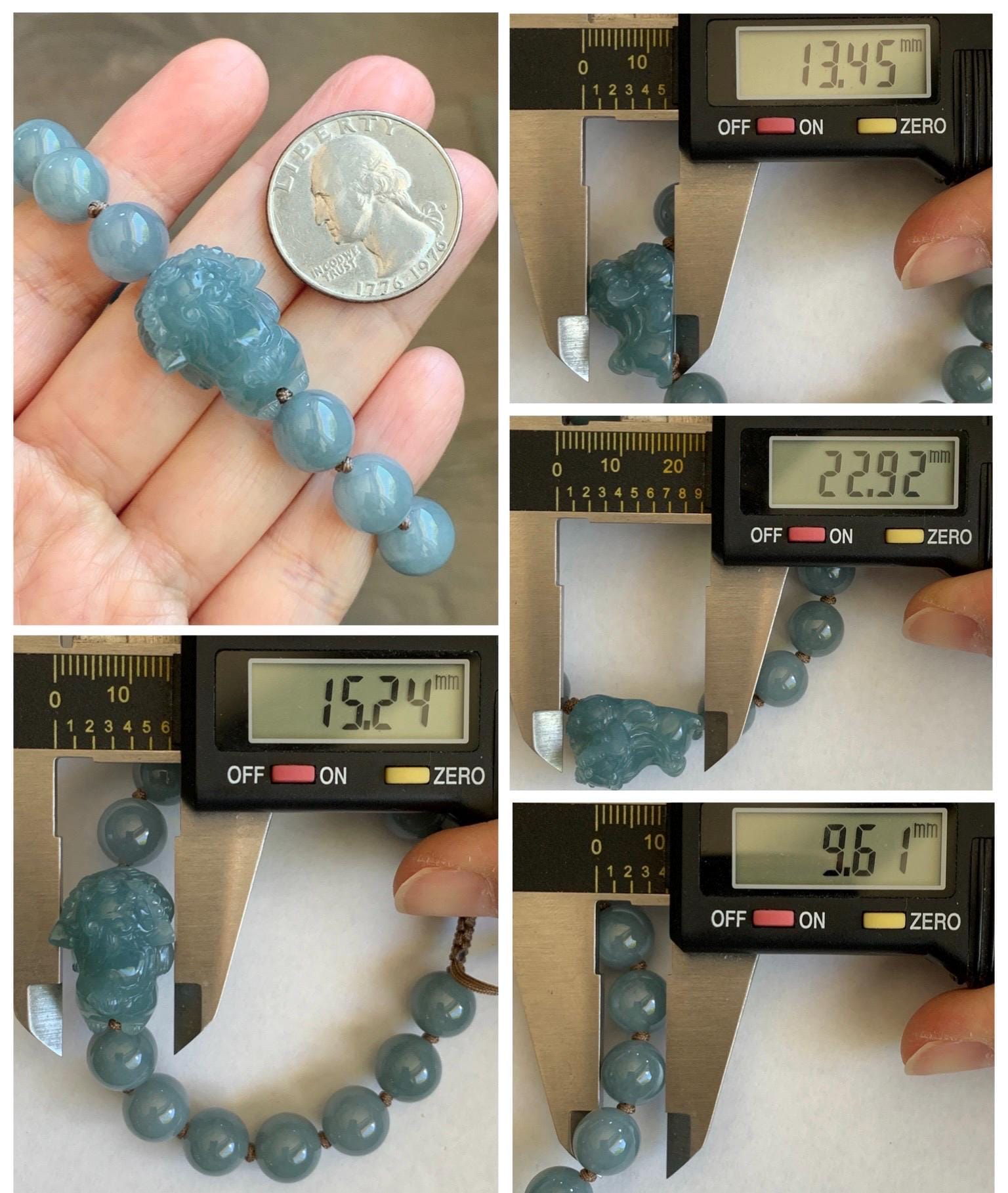 Natural Grade A Guatemalan Icy Translucent Dusty Blue Jade Jadeite Dancing Lion Beaded Bracelet 9.6mm 6.5” 30g 天然冰胶危蓝翡翠精工摆烂小醒狮圆珠手串 WXS365