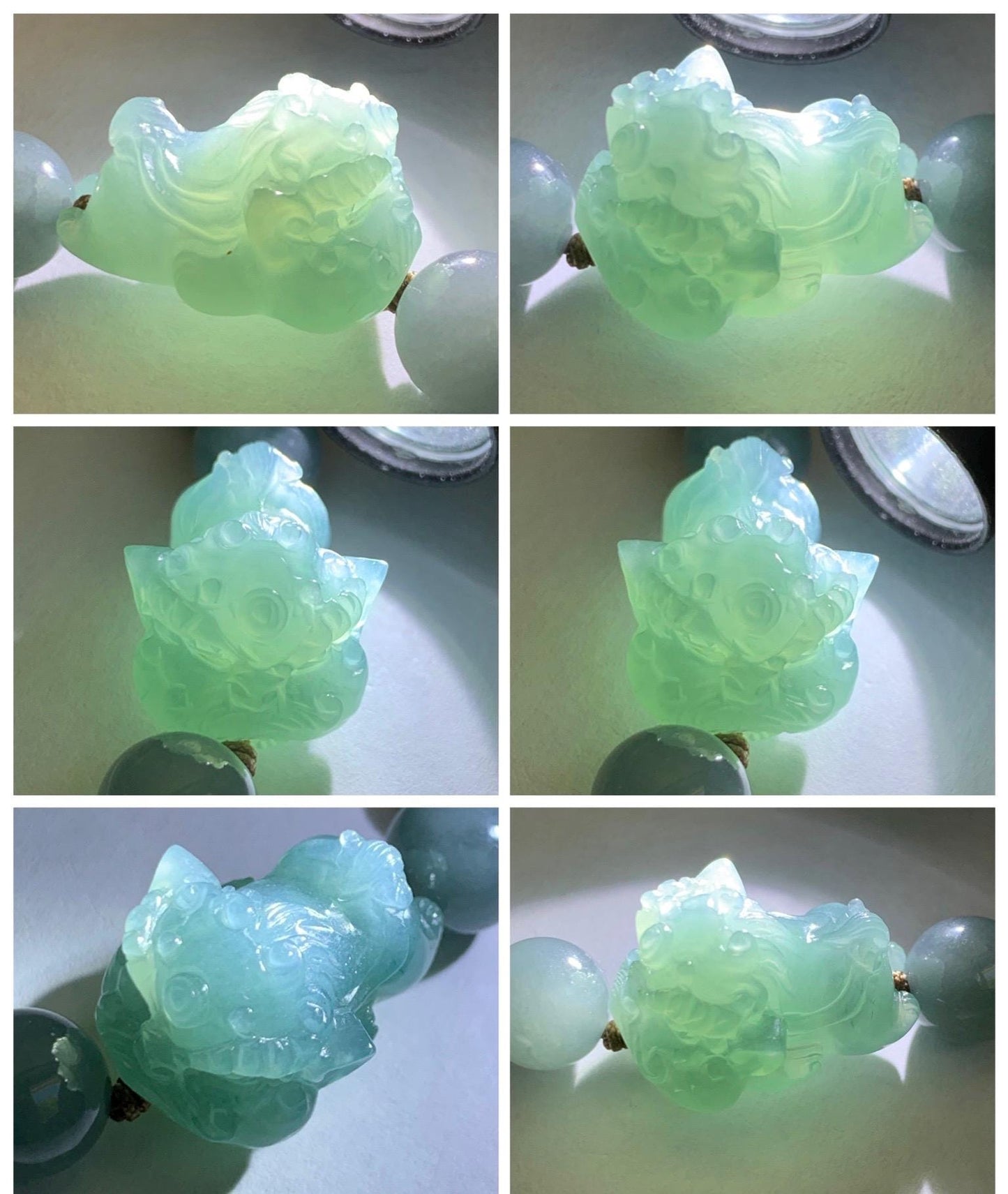 Natural Grade A Guatemalan Icy Translucent Dusty Blue Jade Jadeite Dancing Lion Beaded Bracelet 9.6mm 6.5” 30g 天然冰胶危蓝翡翠精工摆烂小醒狮圆珠手串 WXS365
