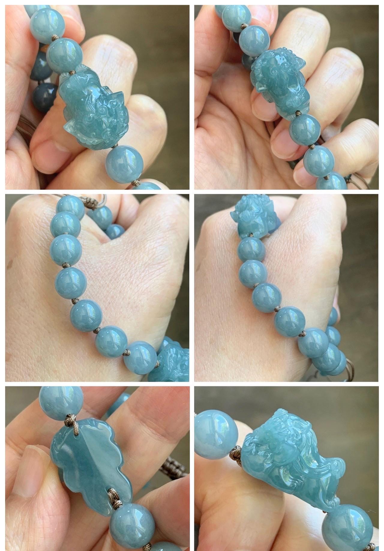 Natural Grade A Guatemalan Icy Translucent Dusty Blue Jade Jadeite Dancing Lion Beaded Bracelet 9.6mm 6.5” 30g 天然冰胶危蓝翡翠精工摆烂小醒狮圆珠手串 WXS365