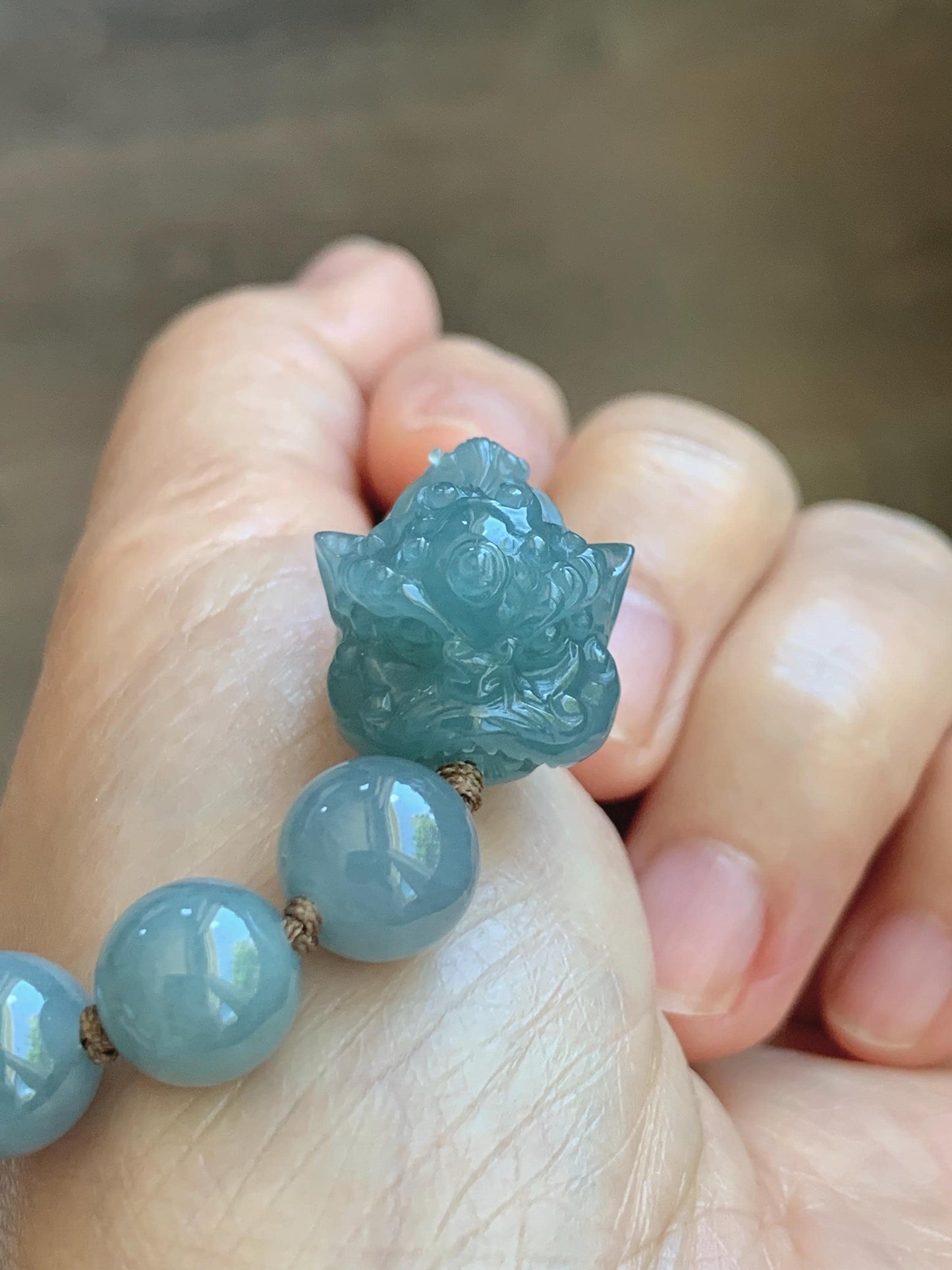 Natural Grade A Guatemalan Icy Translucent Dusty Blue Jade Jadeite Dancing Lion Beaded Bracelet 9.6mm 6.5” 30g 天然冰胶危蓝翡翠精工摆烂小醒狮圆珠手串 WXS365