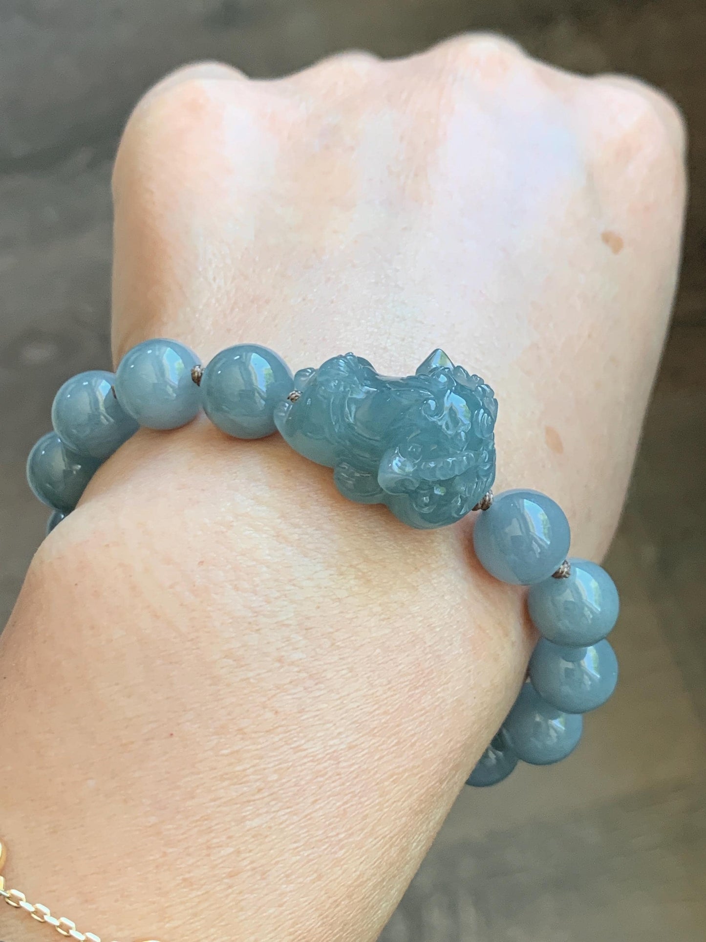 Natural Grade A Guatemalan Icy Translucent Dusty Blue Jade Jadeite Dancing Lion Beaded Bracelet 9.6mm 6.5” 30g 天然冰胶危蓝翡翠精工摆烂小醒狮圆珠手串 WXS365