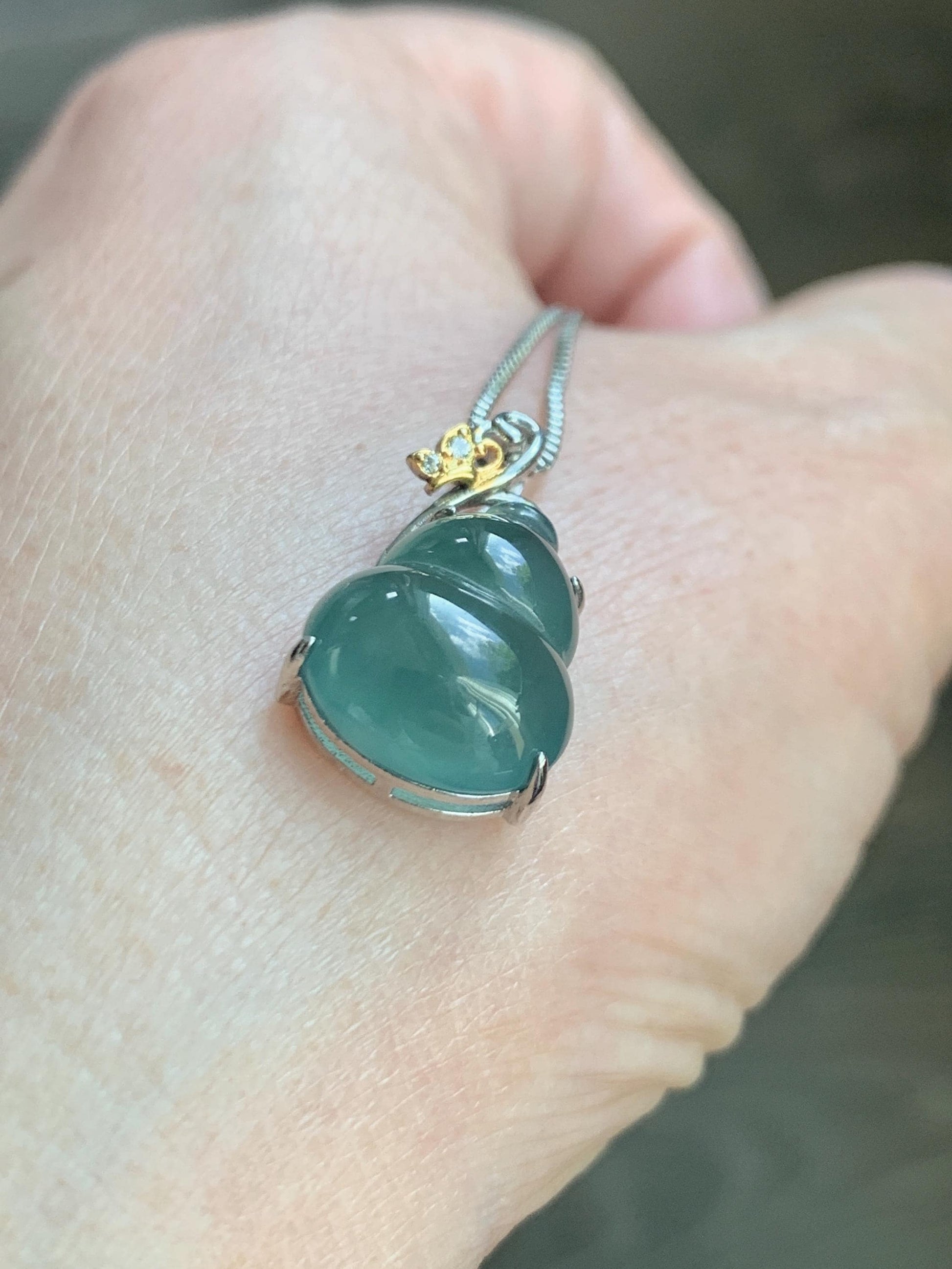 Natural Grade A Guatemalan Icy Translucent Dusty Teal Green Jade Jadeite Gourd Hulu Pendant Sterling Silver 天然冰危暗蓝绿翡翠葫芦吊坠 WHL240A