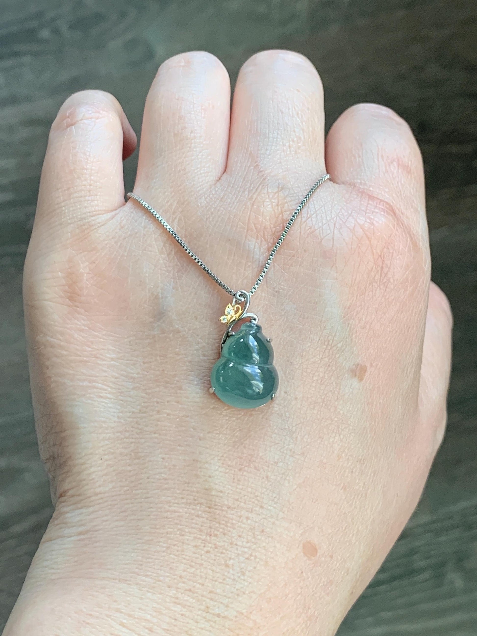 Natural Grade A Guatemalan Icy Translucent Dusty Teal Green Jade Jadeite Gourd Hulu Pendant Sterling Silver 天然冰危暗蓝绿翡翠葫芦吊坠 WHL240A