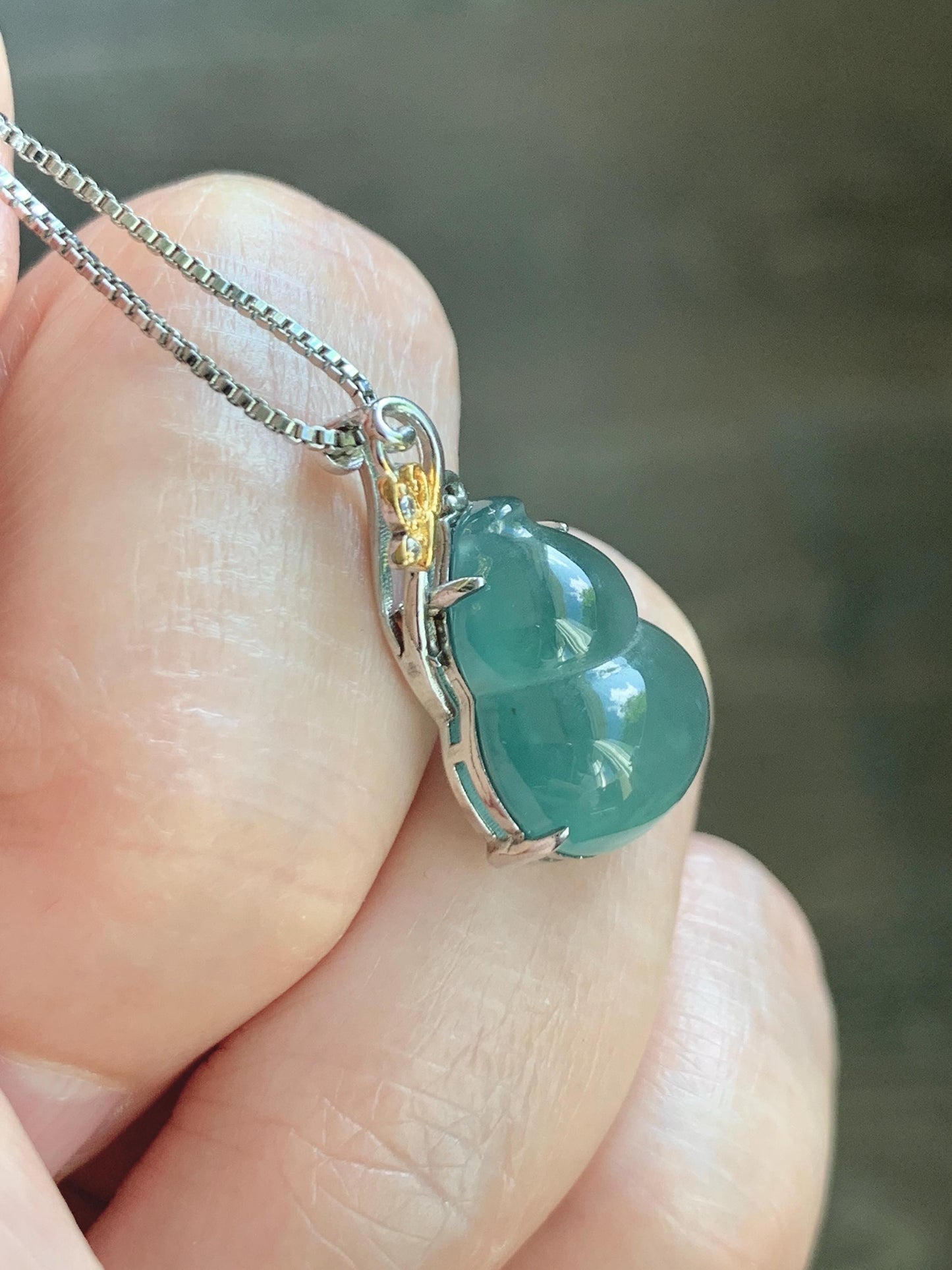 Natural Grade A Guatemalan Icy Translucent Dusty Teal Green Jade Jadeite Gourd Hulu Pendant Sterling Silver 天然冰危暗蓝绿翡翠葫芦吊坠 WHL240A