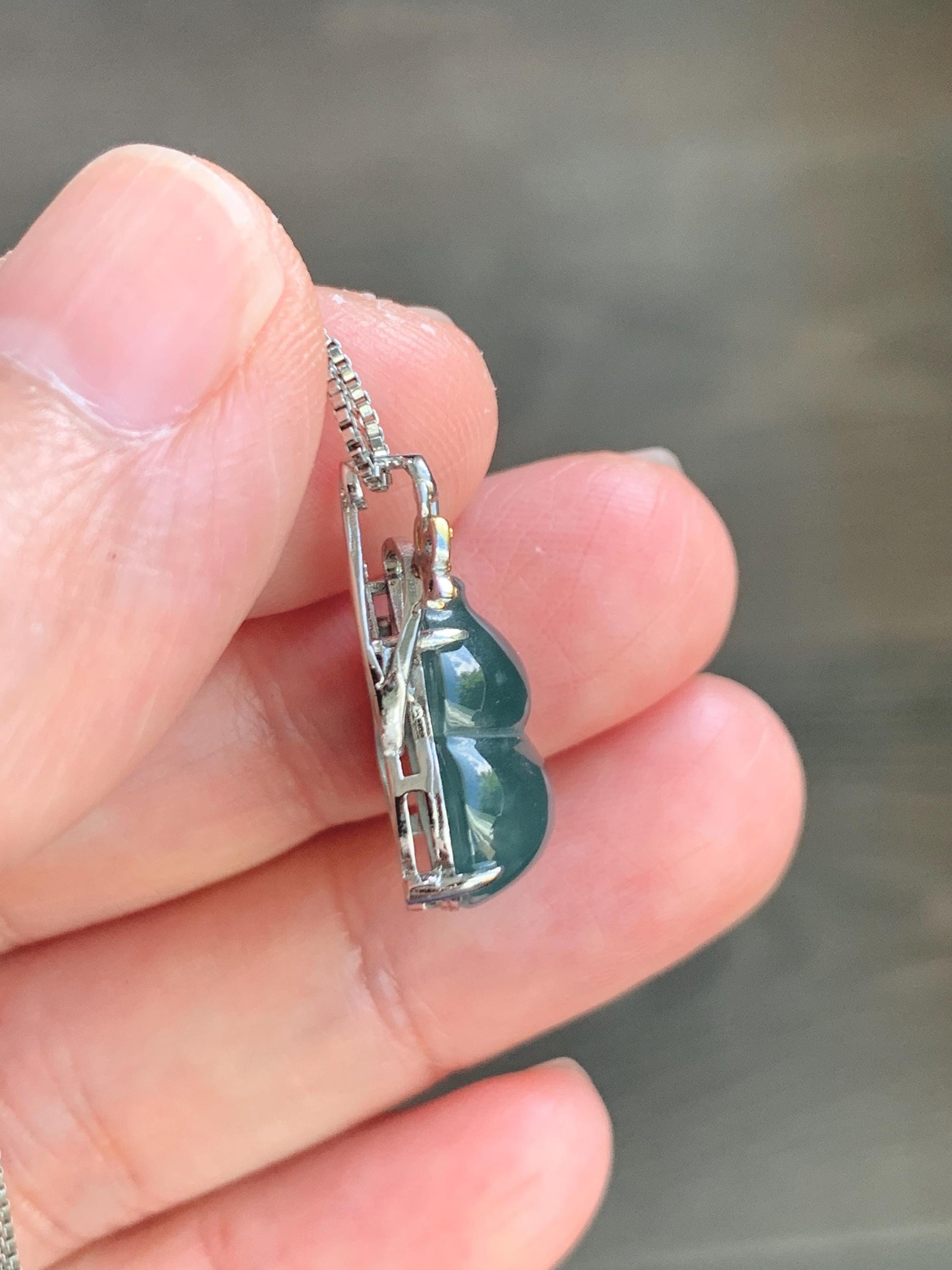 Natural Grade A Guatemalan Icy Translucent Dusty Teal Green Jade Jadeite Gourd Hulu Pendant Sterling Silver 天然冰危暗蓝绿翡翠葫芦吊坠 WHL240A