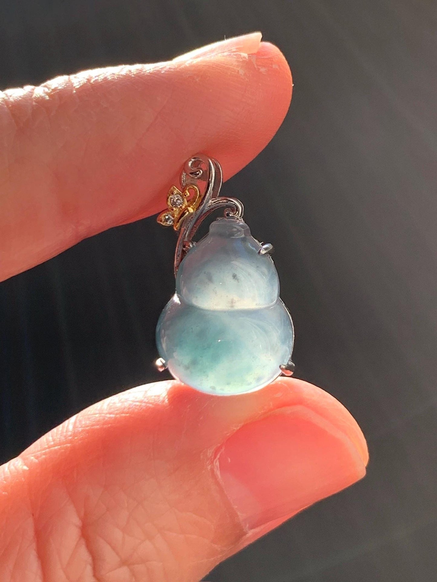 Natural Grade A Guatemalan Icy Highly Translucent Dusty Teal Blue Jade Jadeite Gourd Hulu Pendant Sterling Silver 天然冰危浅蓝绿翡翠葫芦吊坠 WHL240B