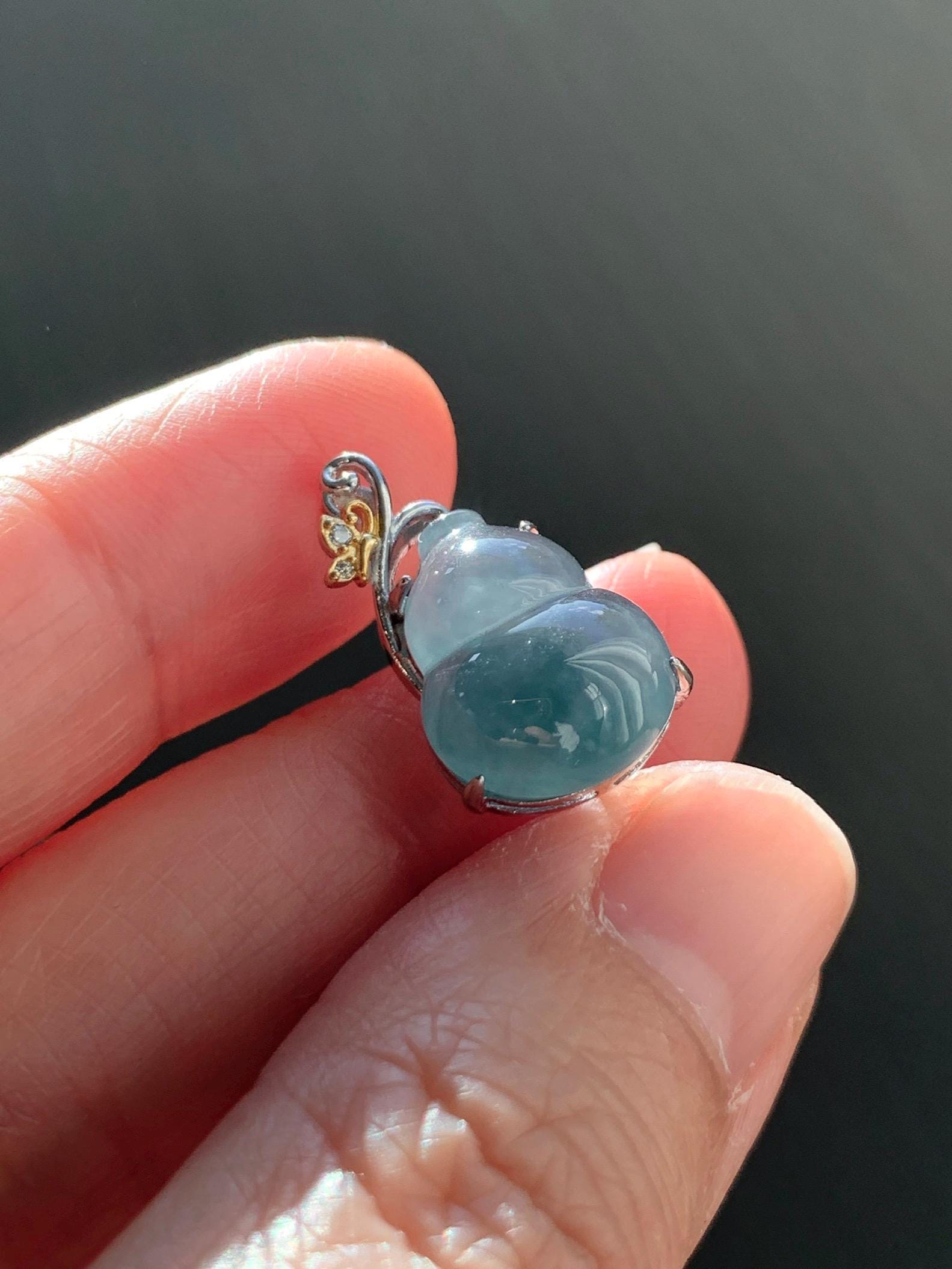 Natural Grade A Guatemalan Icy Highly Translucent Dusty Teal Blue Jade Jadeite Gourd Hulu Pendant Sterling Silver 天然冰危浅蓝绿翡翠葫芦吊坠 WHL240B